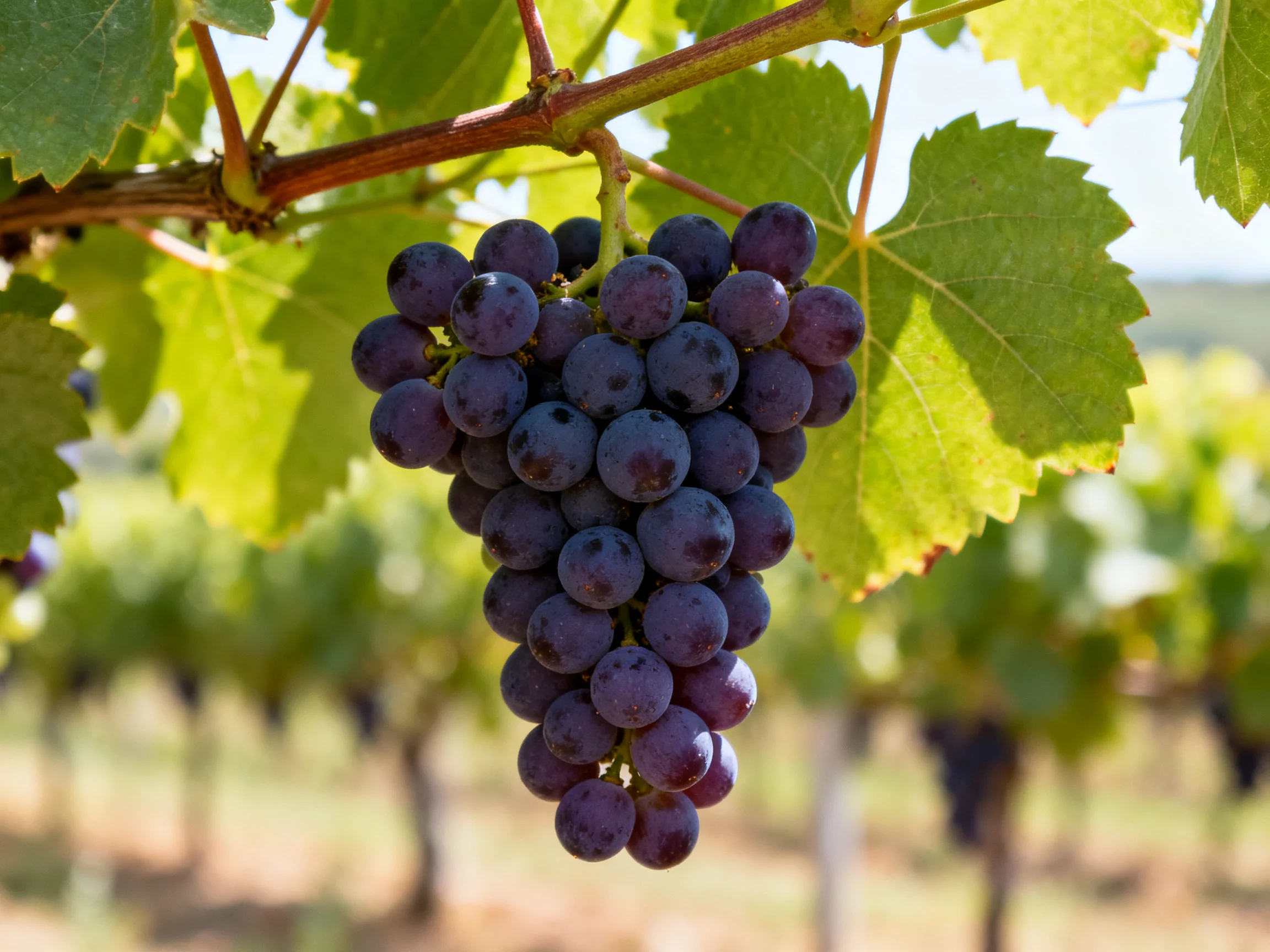 Rich, deep purple grapes hang from a vine in a sunlit vineyard