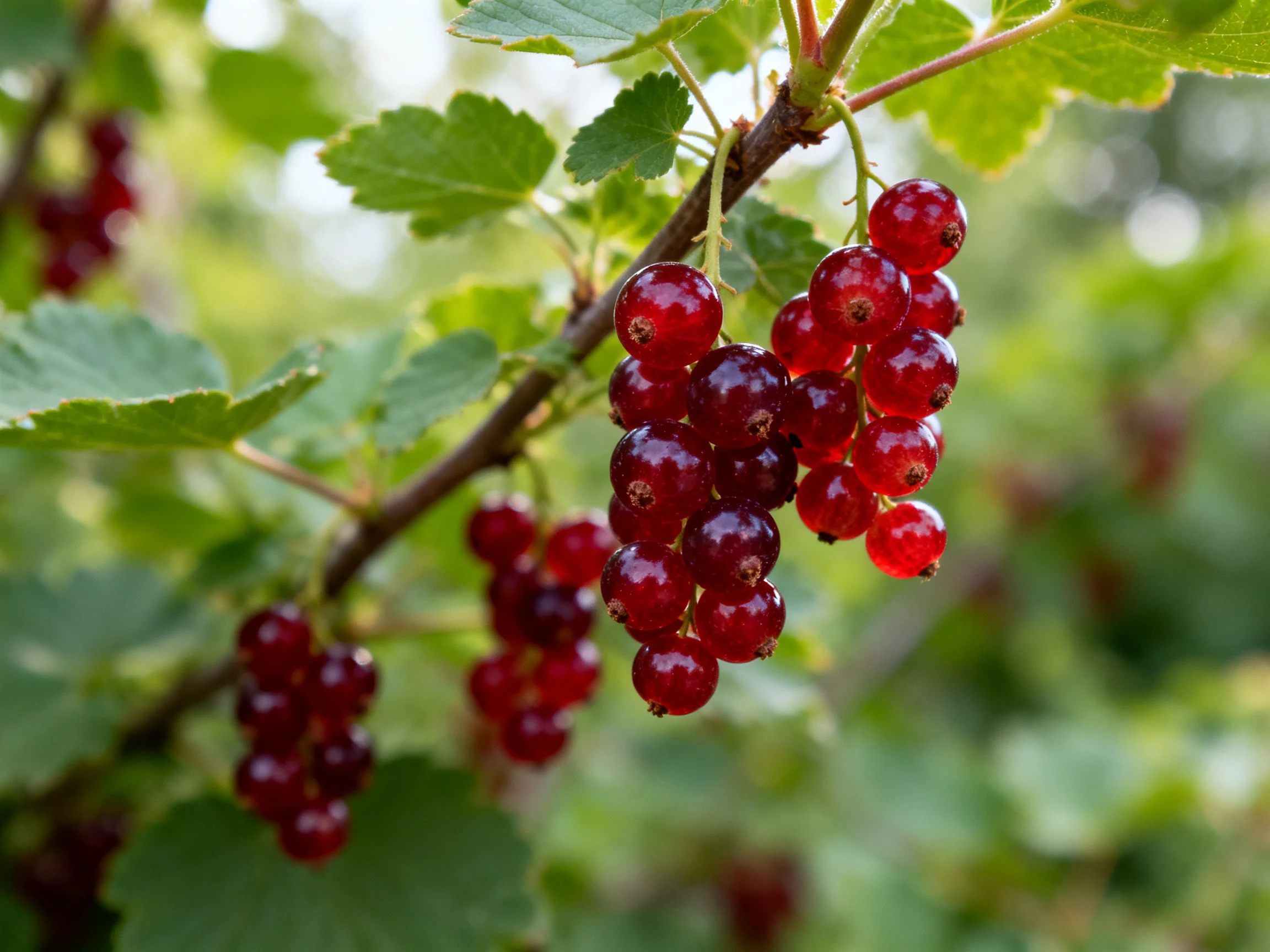 Rich red currant clusters adorn lush green branches