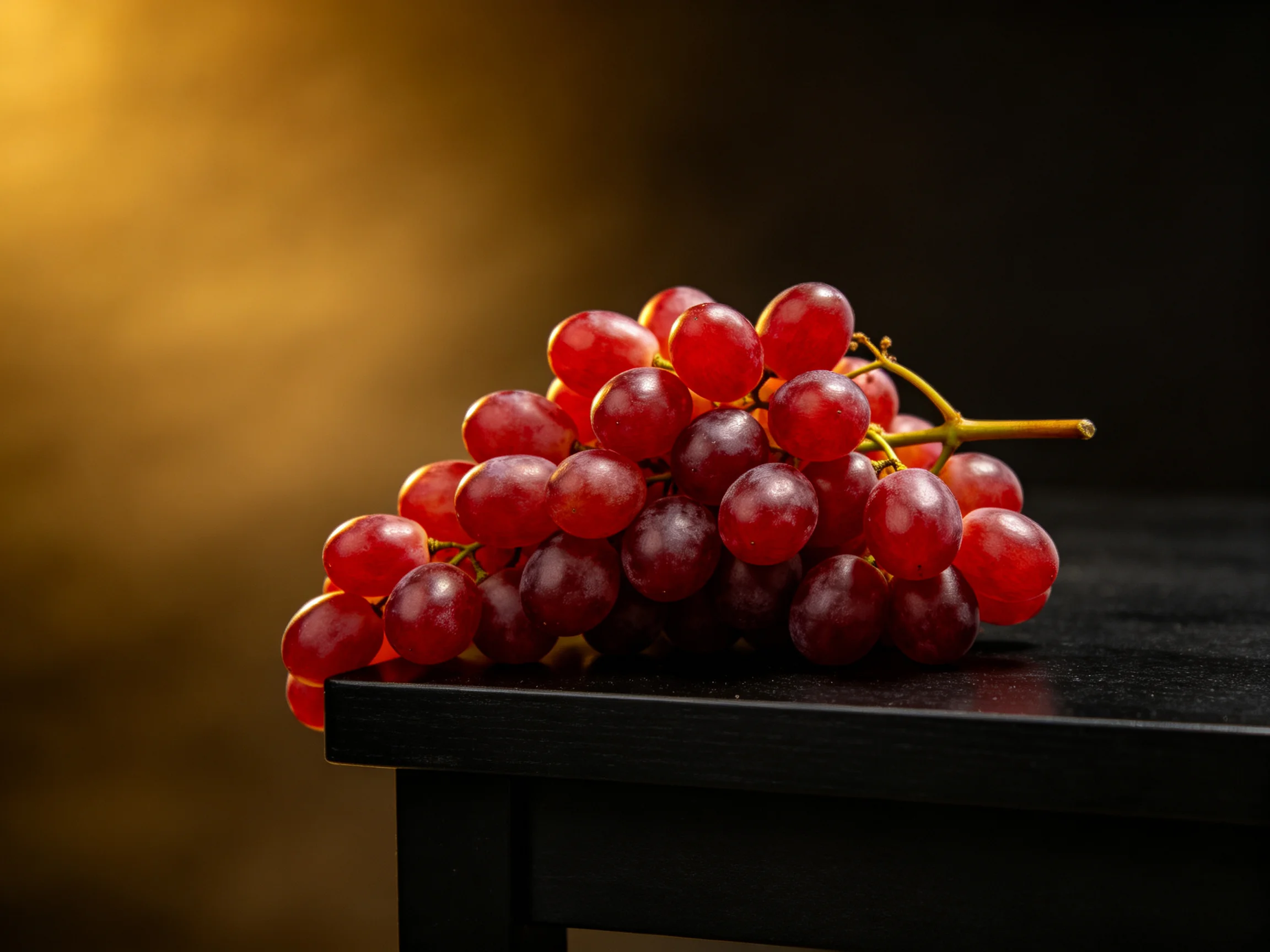 Rich red grape cluster on black table with warm backdrop