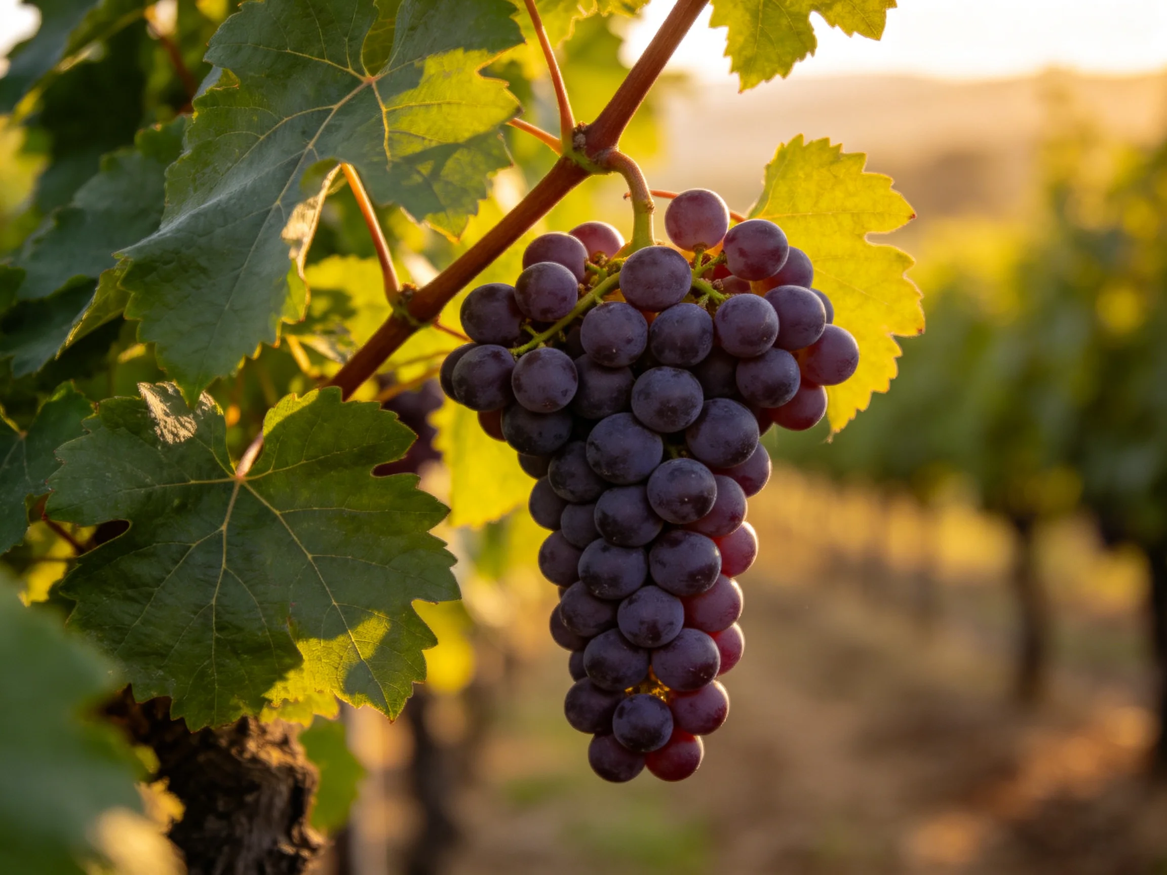 Ripe Purple Grapes Cluster on a Vine in Golden Sunset Light