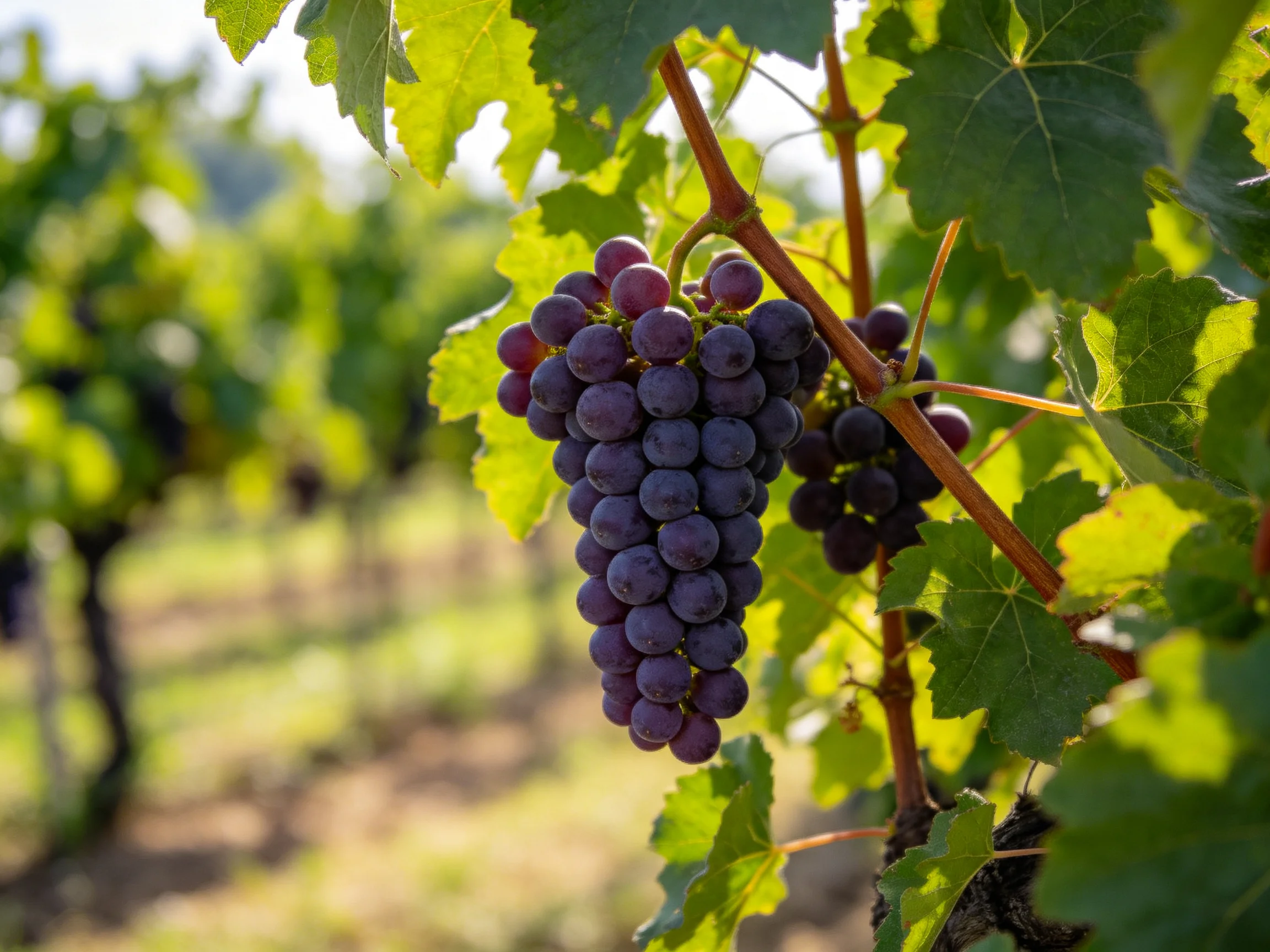 Ripe Purple Grapes Hang From Lush Vines in Sunlit Vineyard