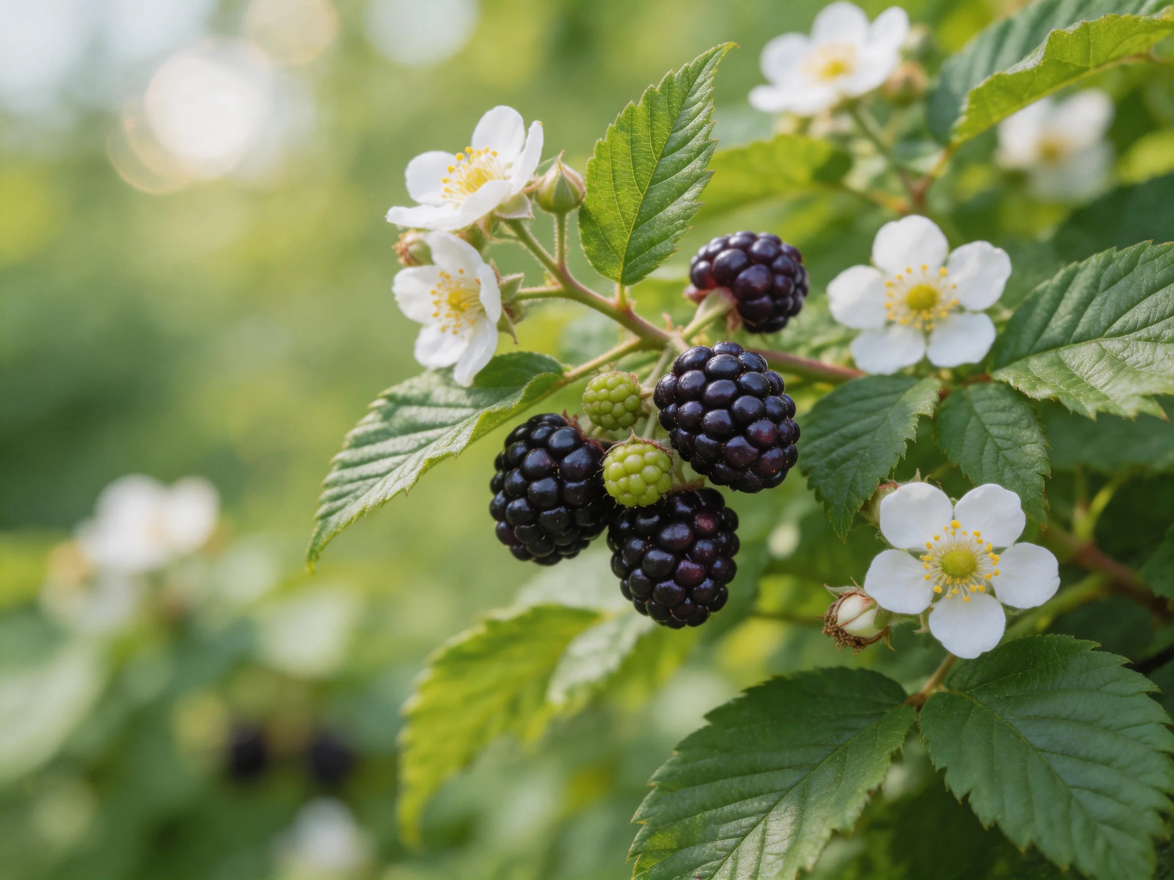 Ripe and Unripe Blackberries with White Flowers on Green Foliage