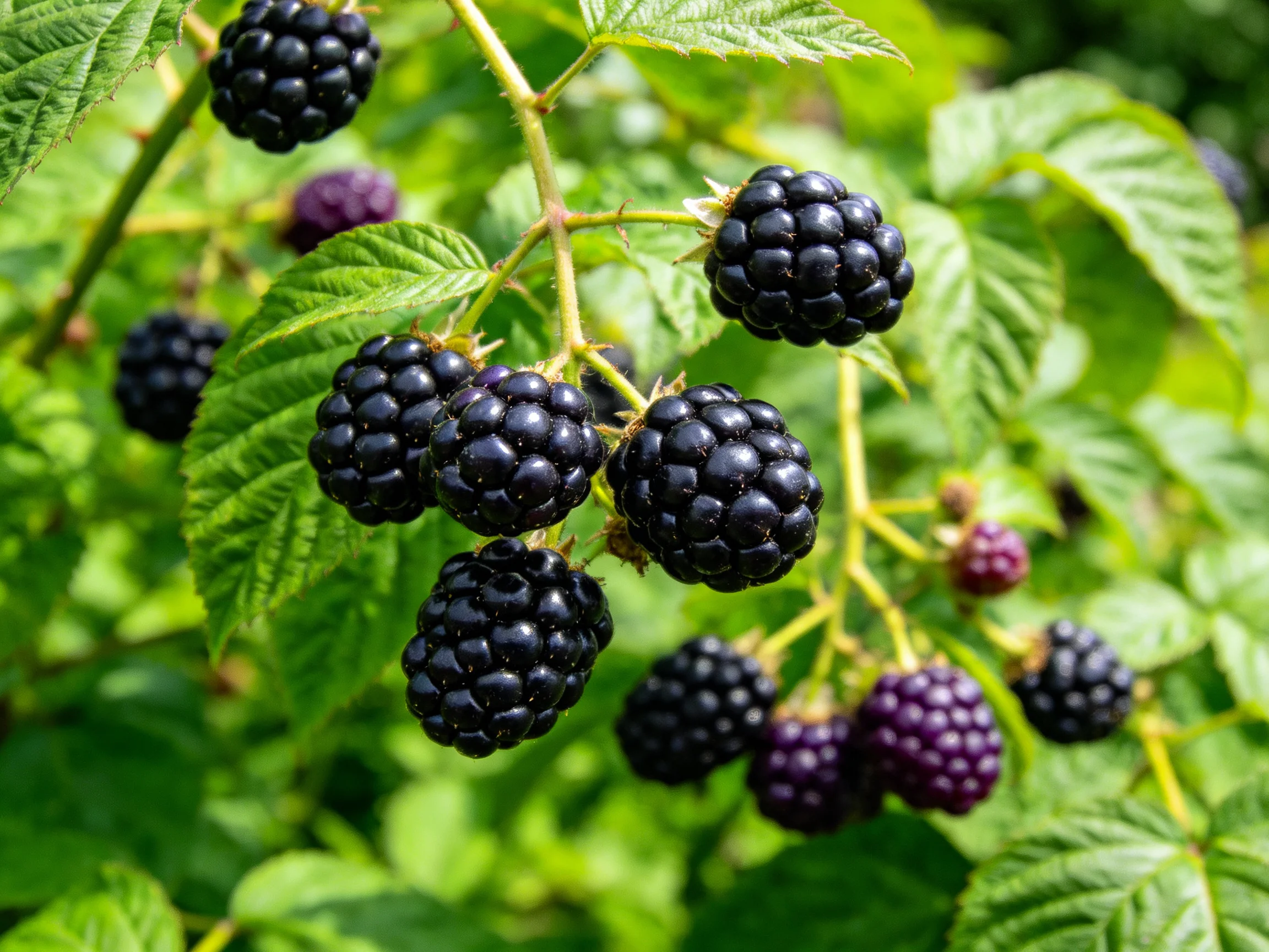 Ripe and unripe blackberries cluster amid vibrant green leaves