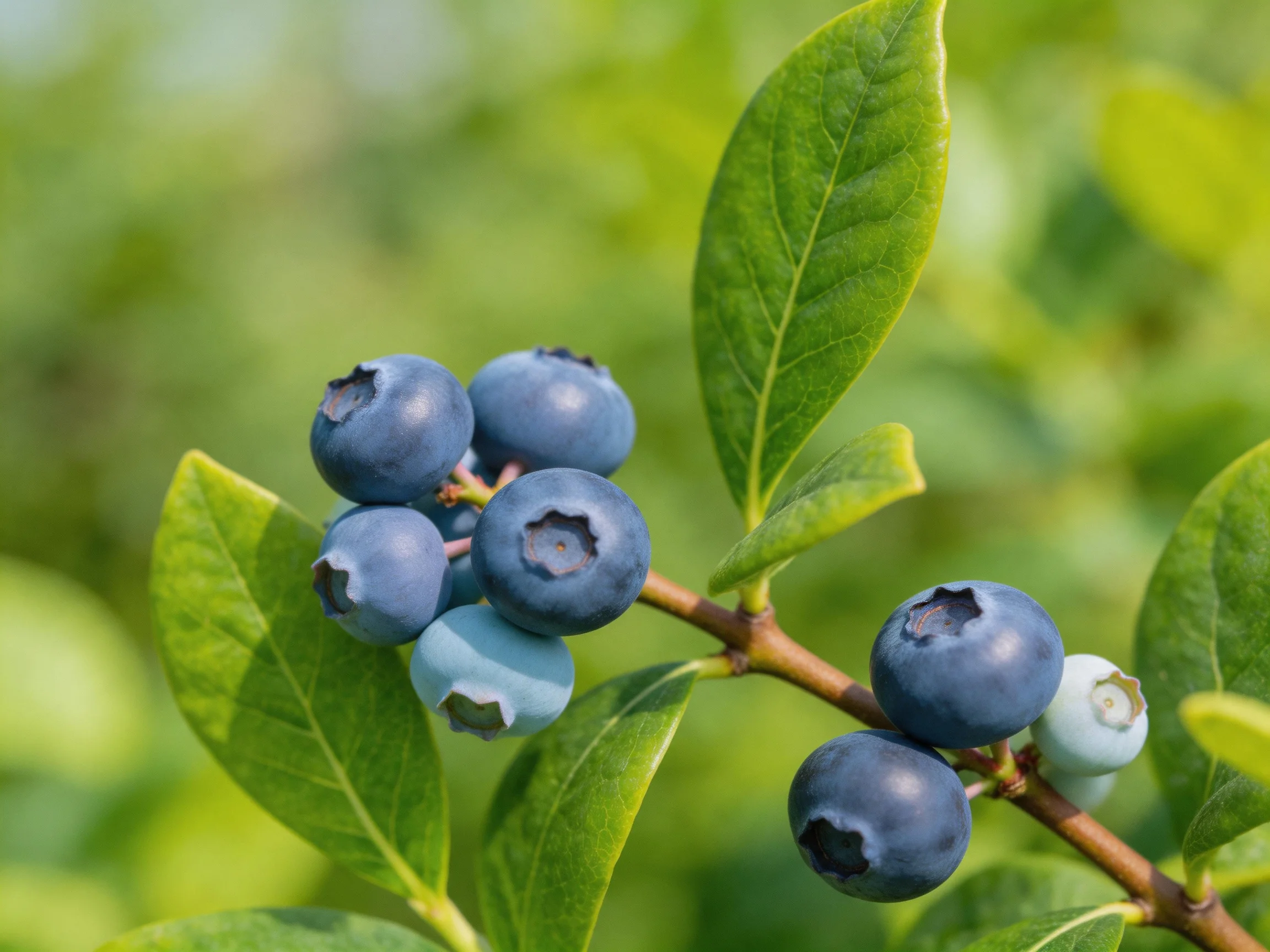 Ripe and unripe blueberries cluster on a leafy branch