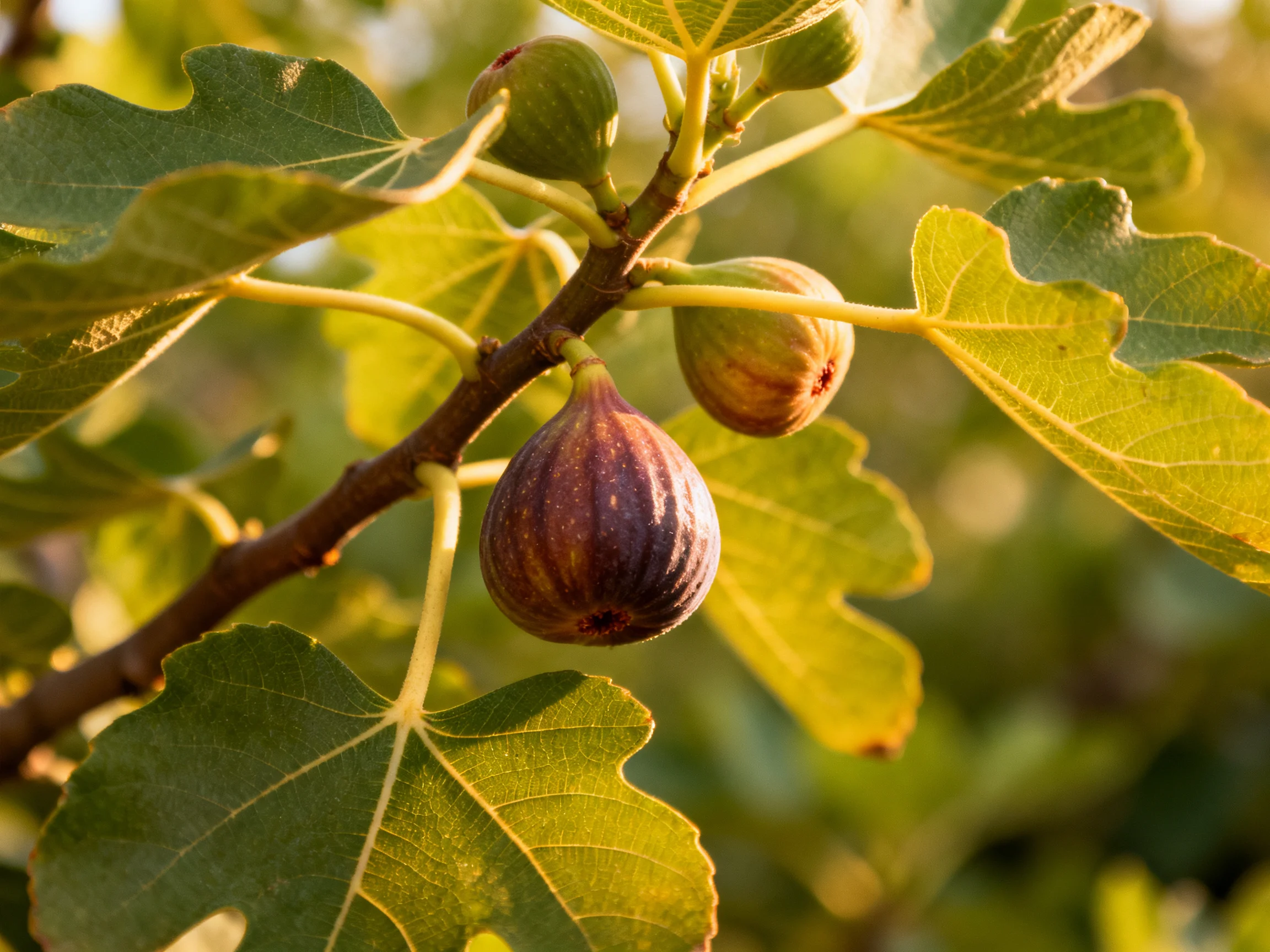 Ripe and unripe figs grow amid broad green leaves on a branch