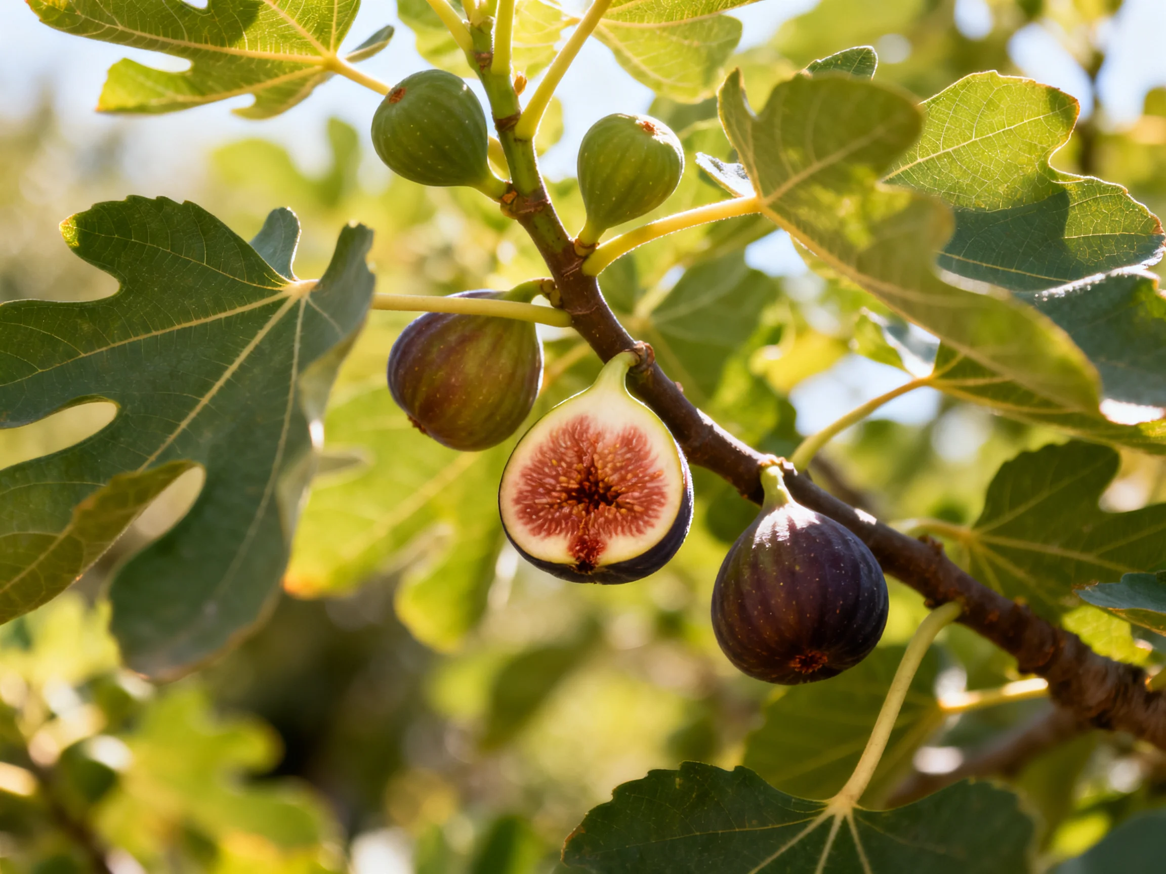 Ripe and unripe figs hang from a leafy branch under bright sunlight
