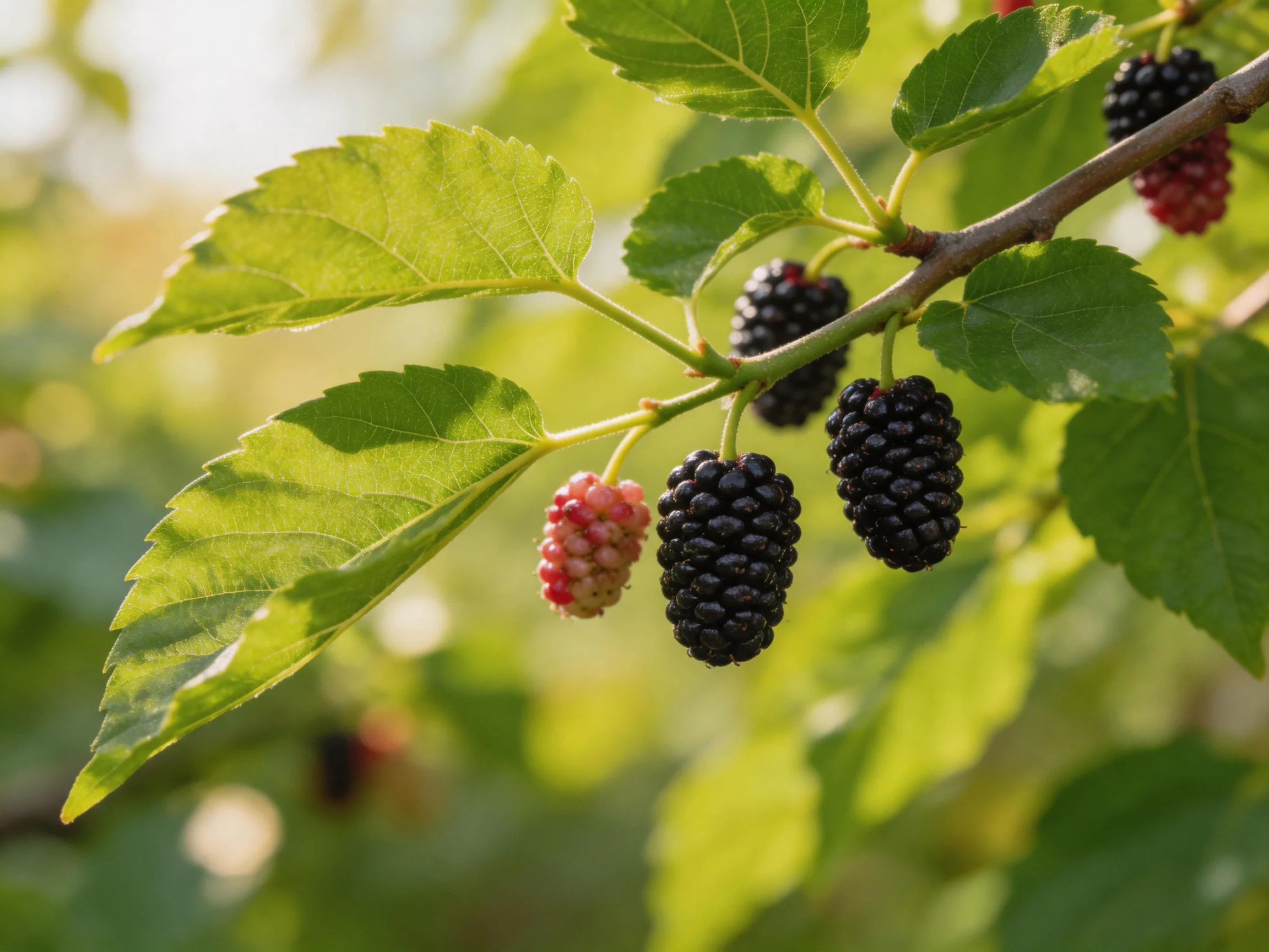 Ripe and unripe mulberries hang from a leafy branch in bright daylight