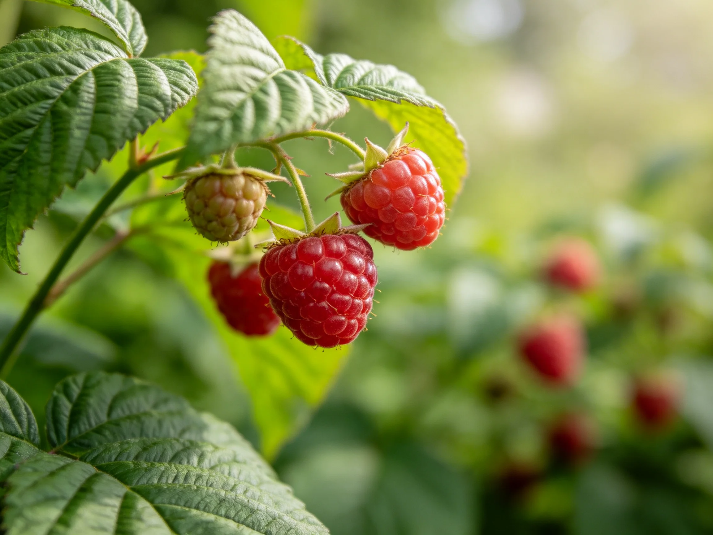 Ripe and unripe raspberries amidst lush green foliage