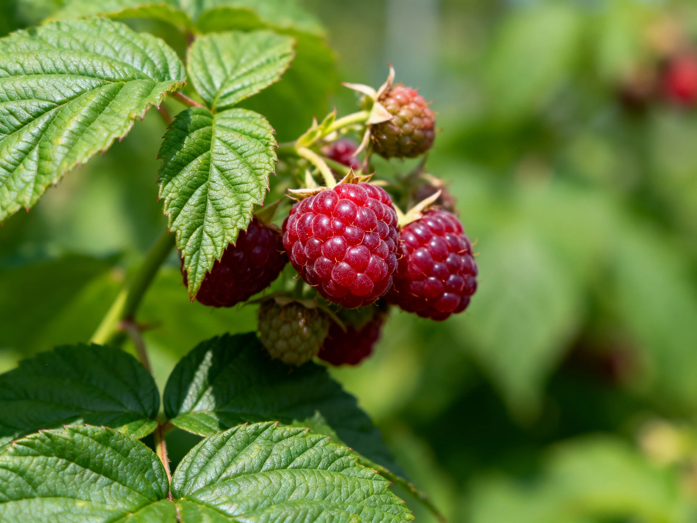 Ripe and unripe raspberries cluster among vibrant green leaves