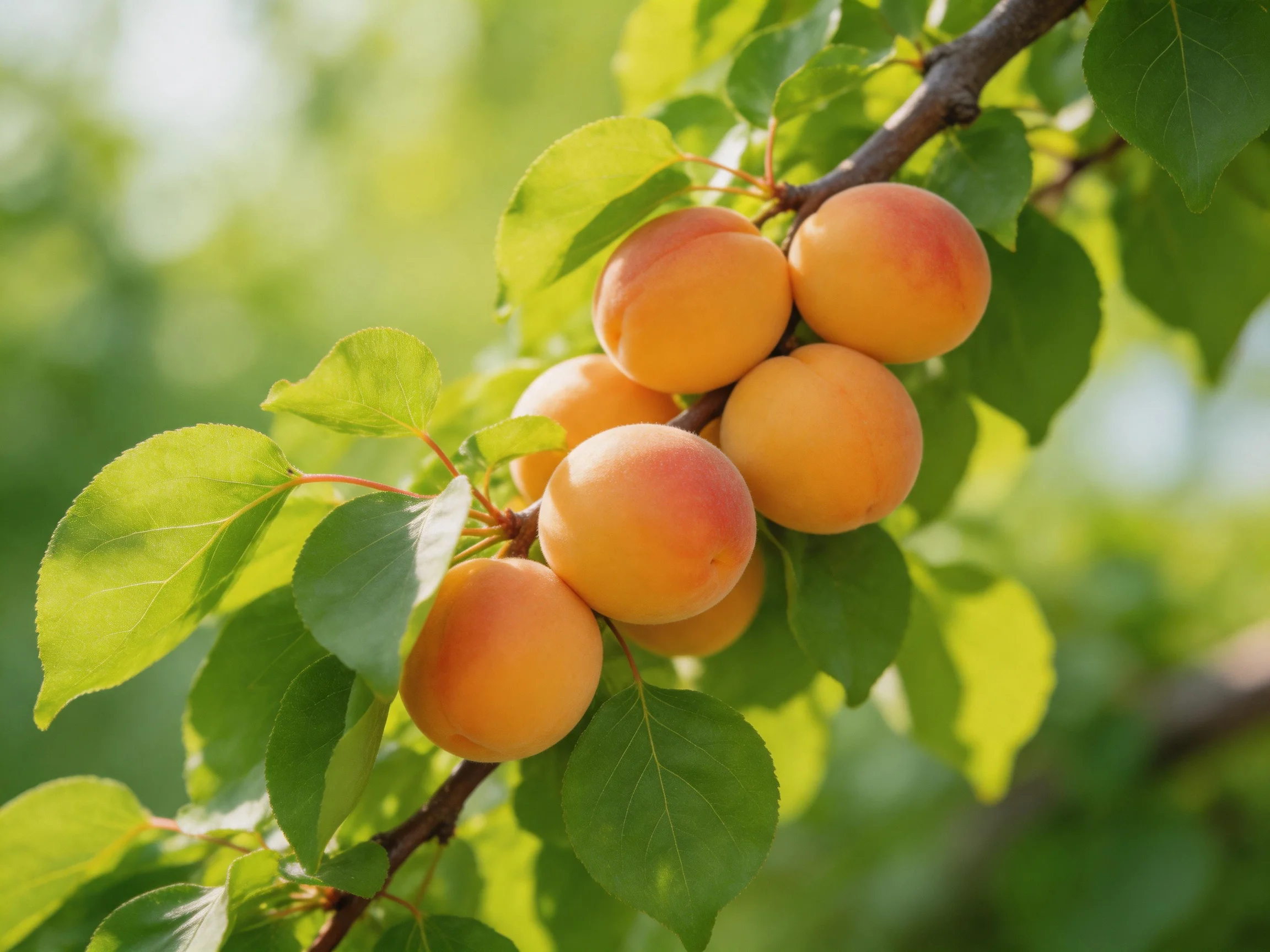 Ripe apricots cluster on a branch amid vibrant green leaves