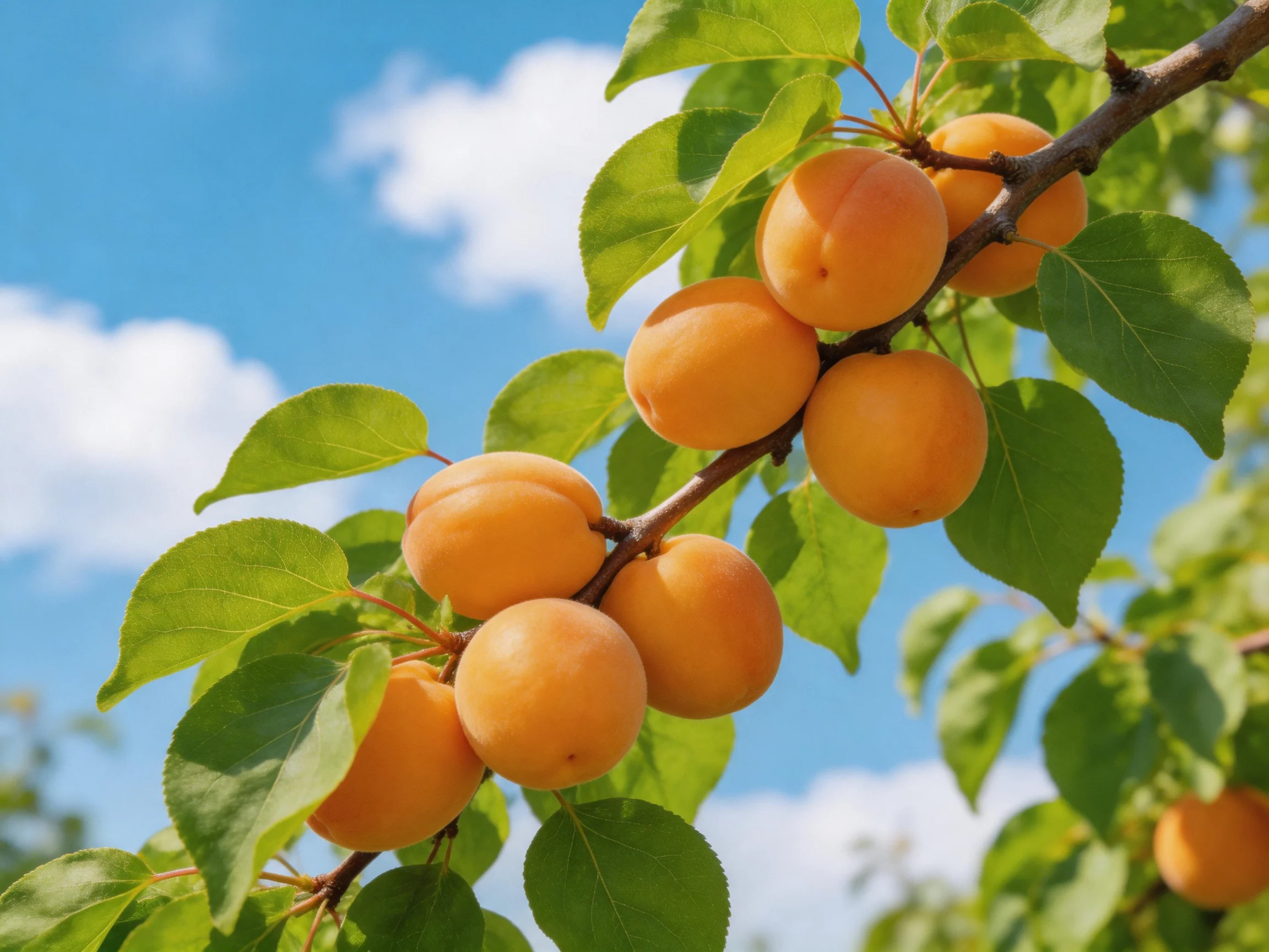 Ripe apricots cluster on a branch with vibrant green leaves against a bright blue sky