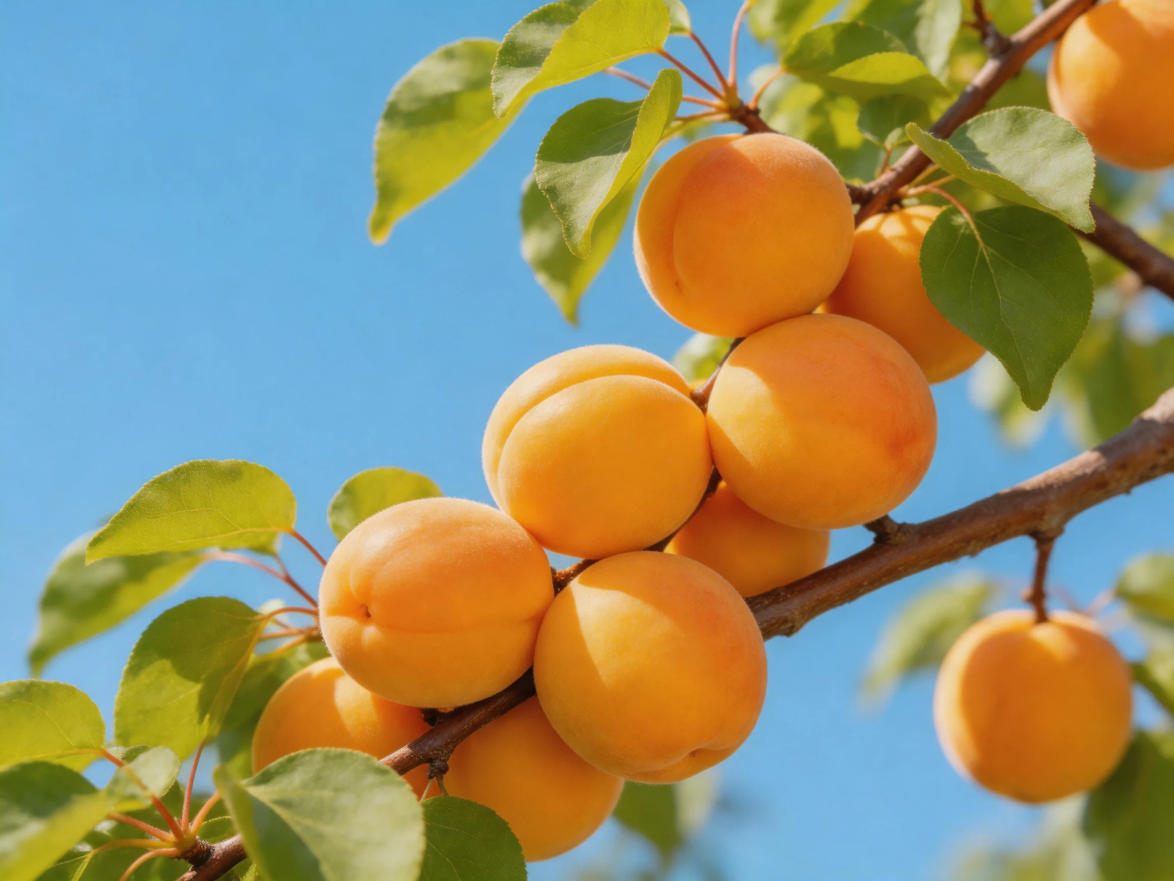 Ripe apricots cluster on a branch with vibrant green leaves under a clear blue sky