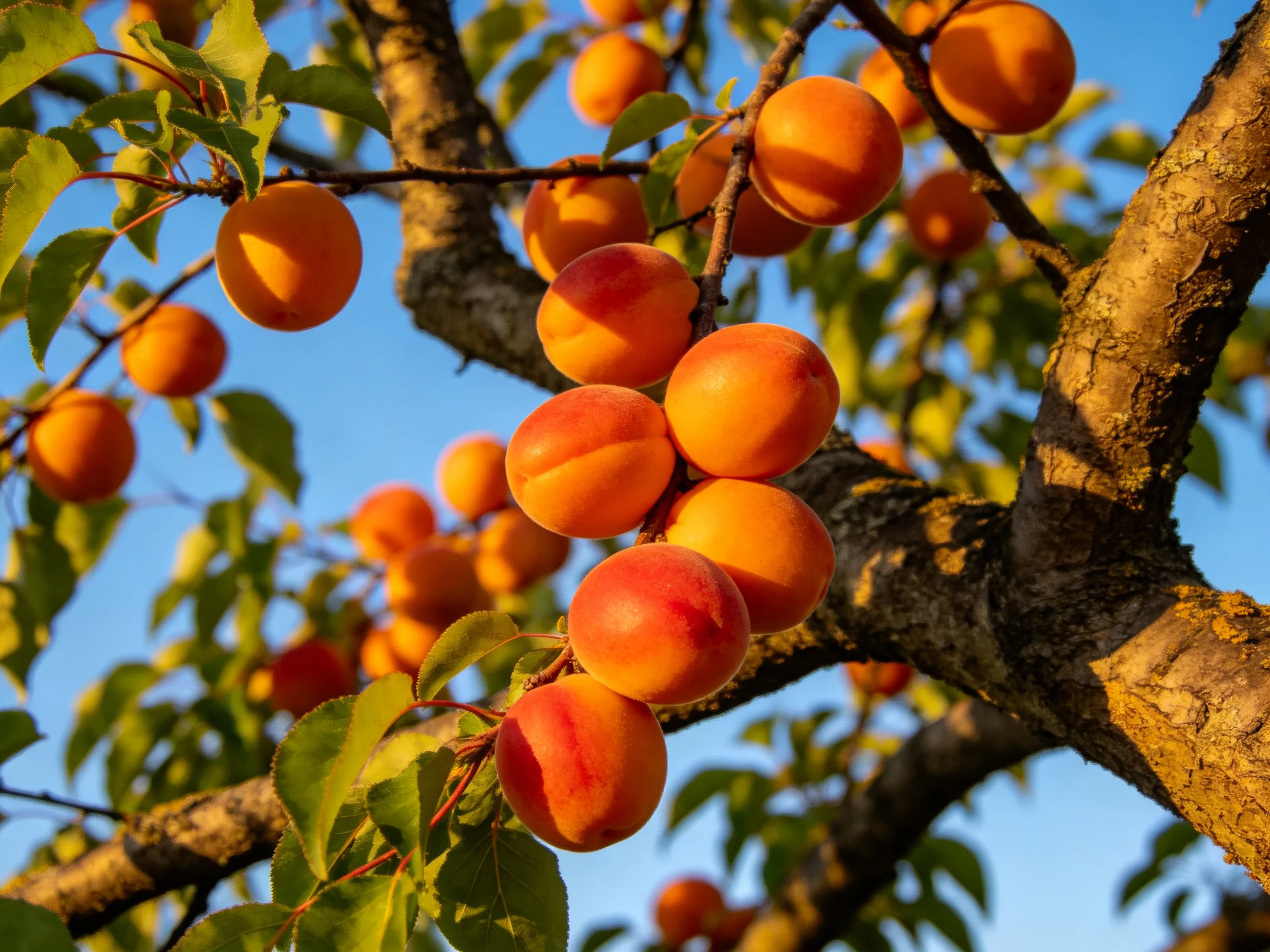 Ripe apricots cluster on a gnarled tree branch under bright blue sky