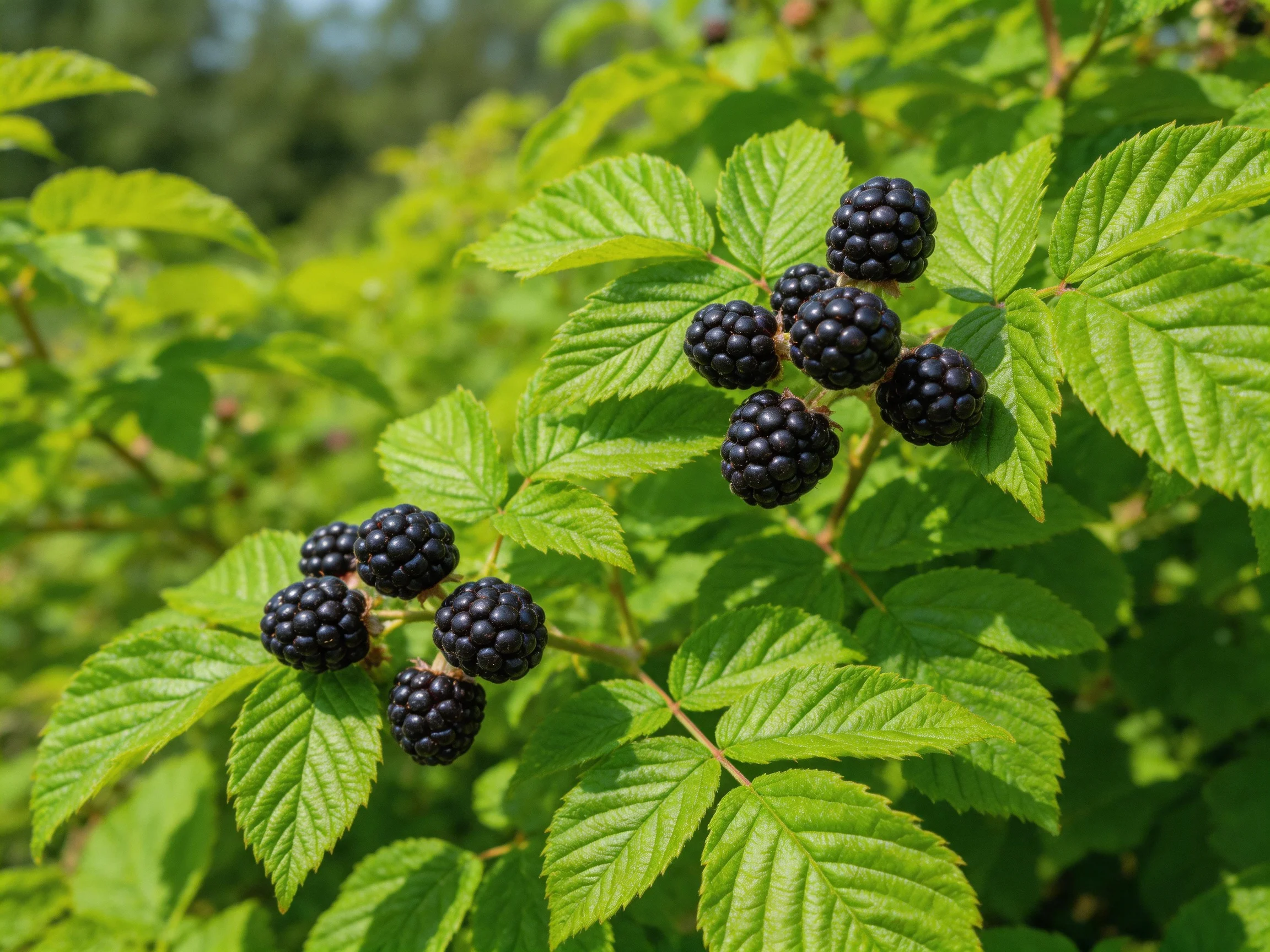 Ripe blackberries cluster amid lush green foliage