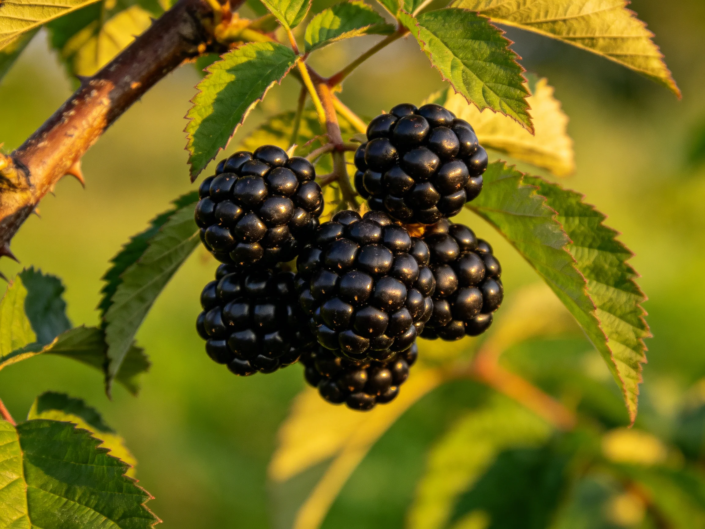 Ripe blackberries cluster on thorny branches with vibrant green leaves