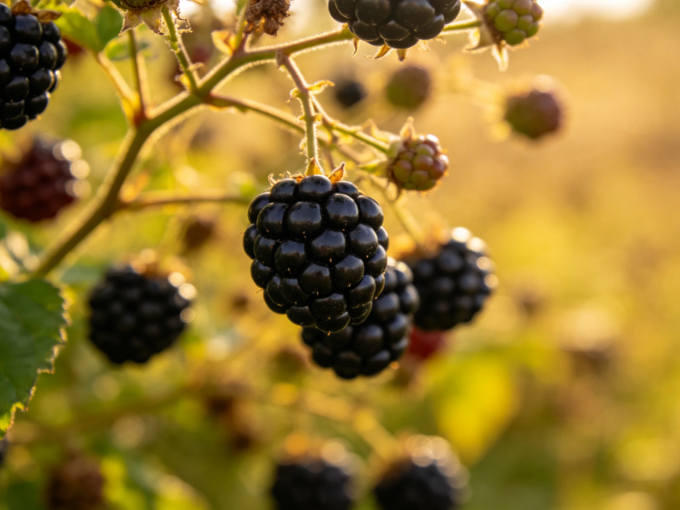 Ripe blackberries hang from a bush bathed in golden sunlight