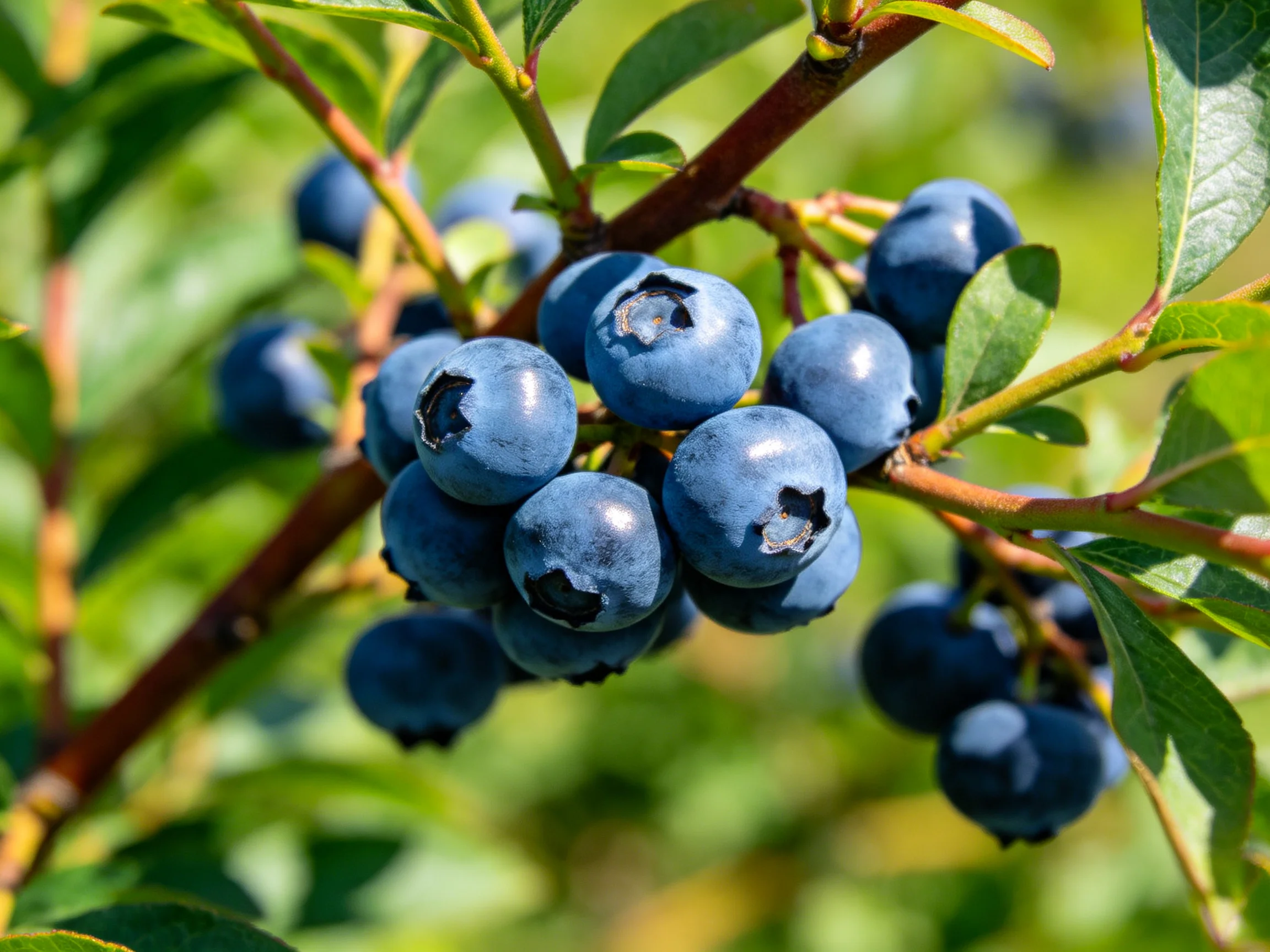 Ripe blueberries cluster densely on a leafy branch