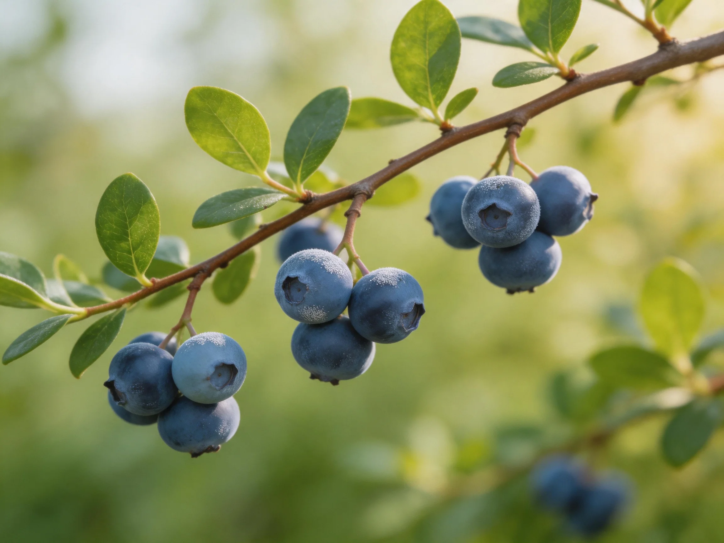 Ripe blueberries cluster on a branch with vibrant green leaves
