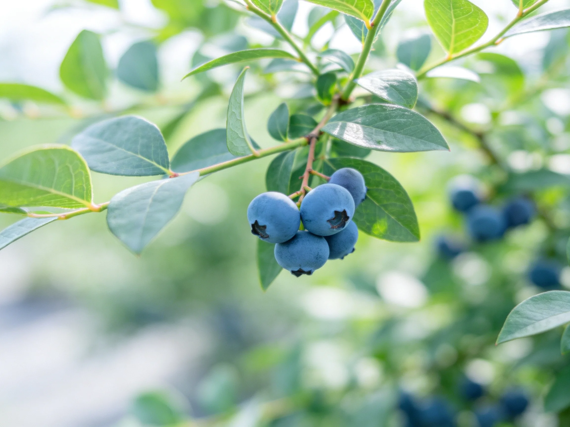 Ripe blueberries cluster on a leafy branch with vibrant green foliage