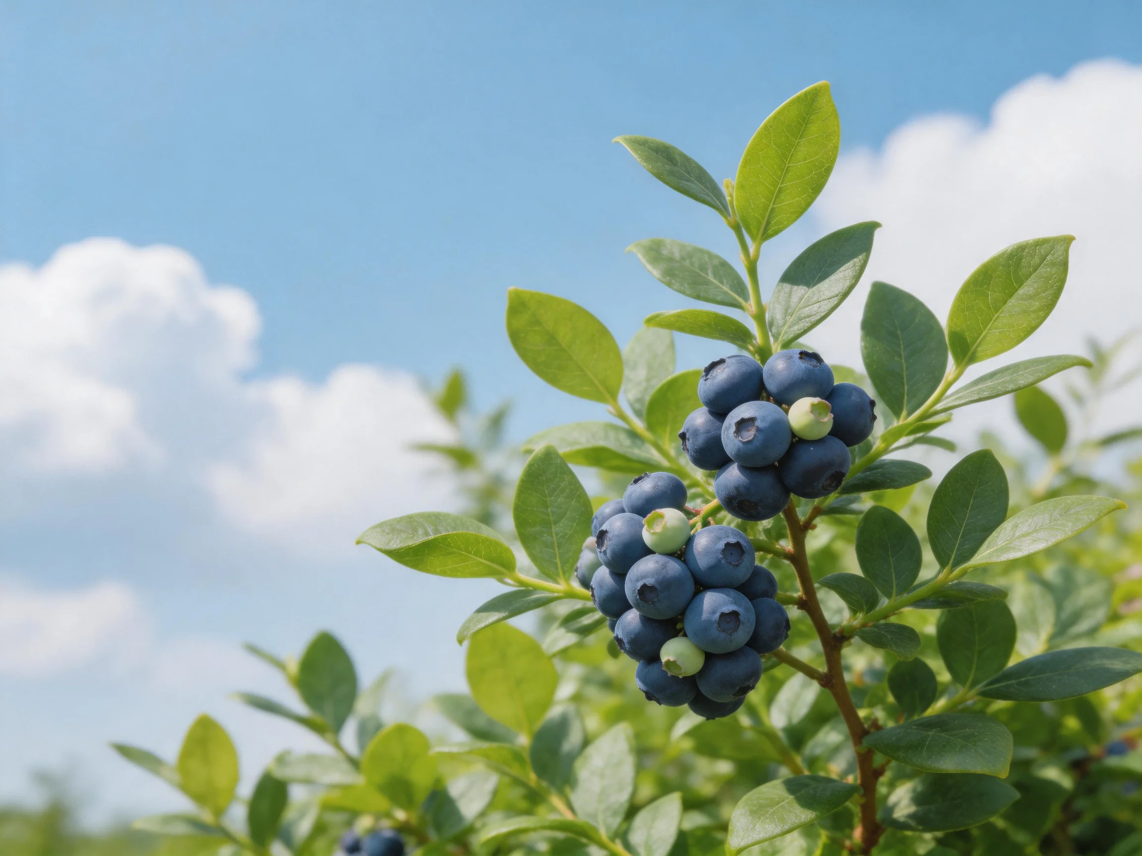 Ripe blueberries cluster on leafy branches beneath bright sky