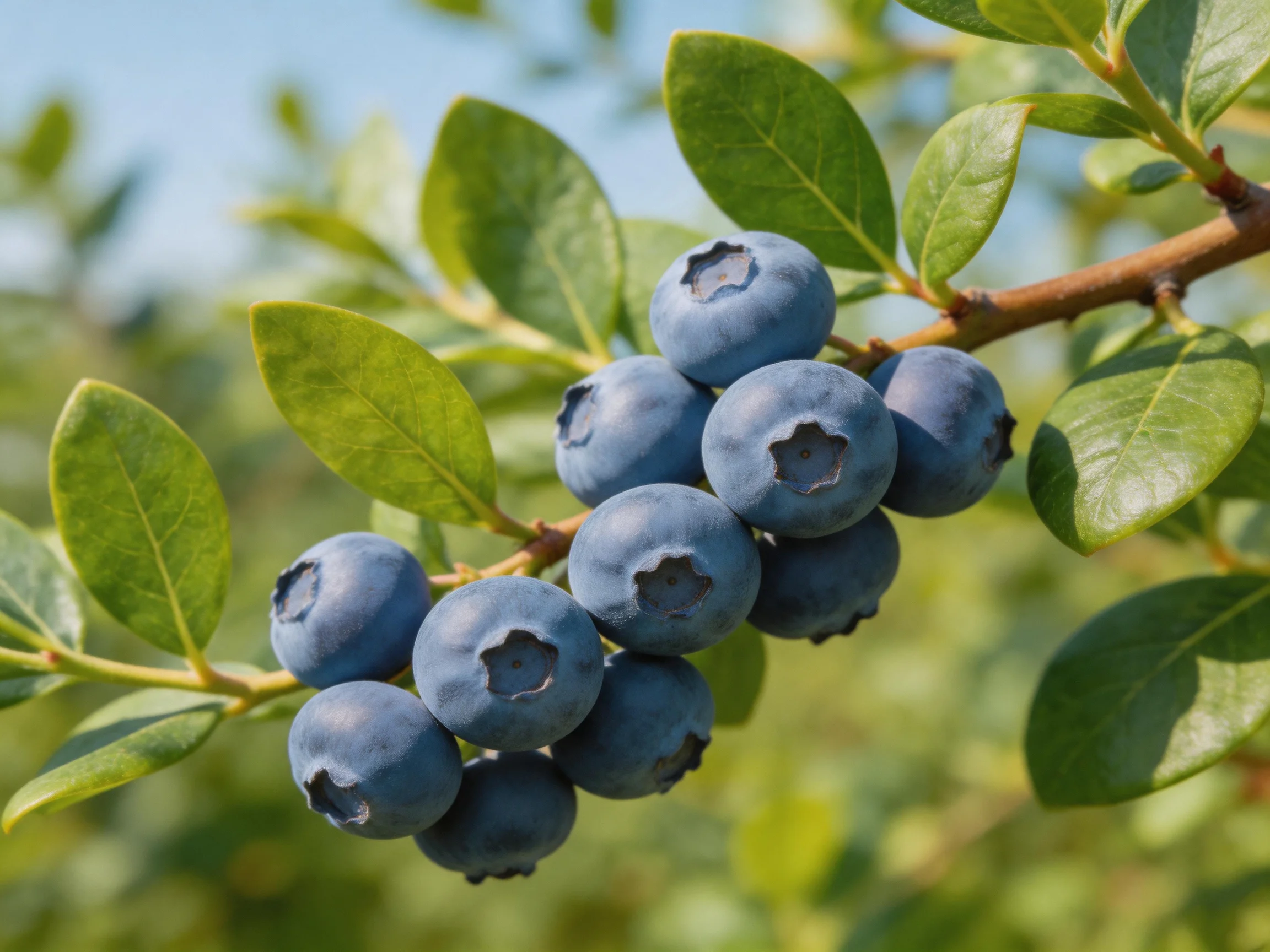 Ripe blueberries clustered on a leafy branch