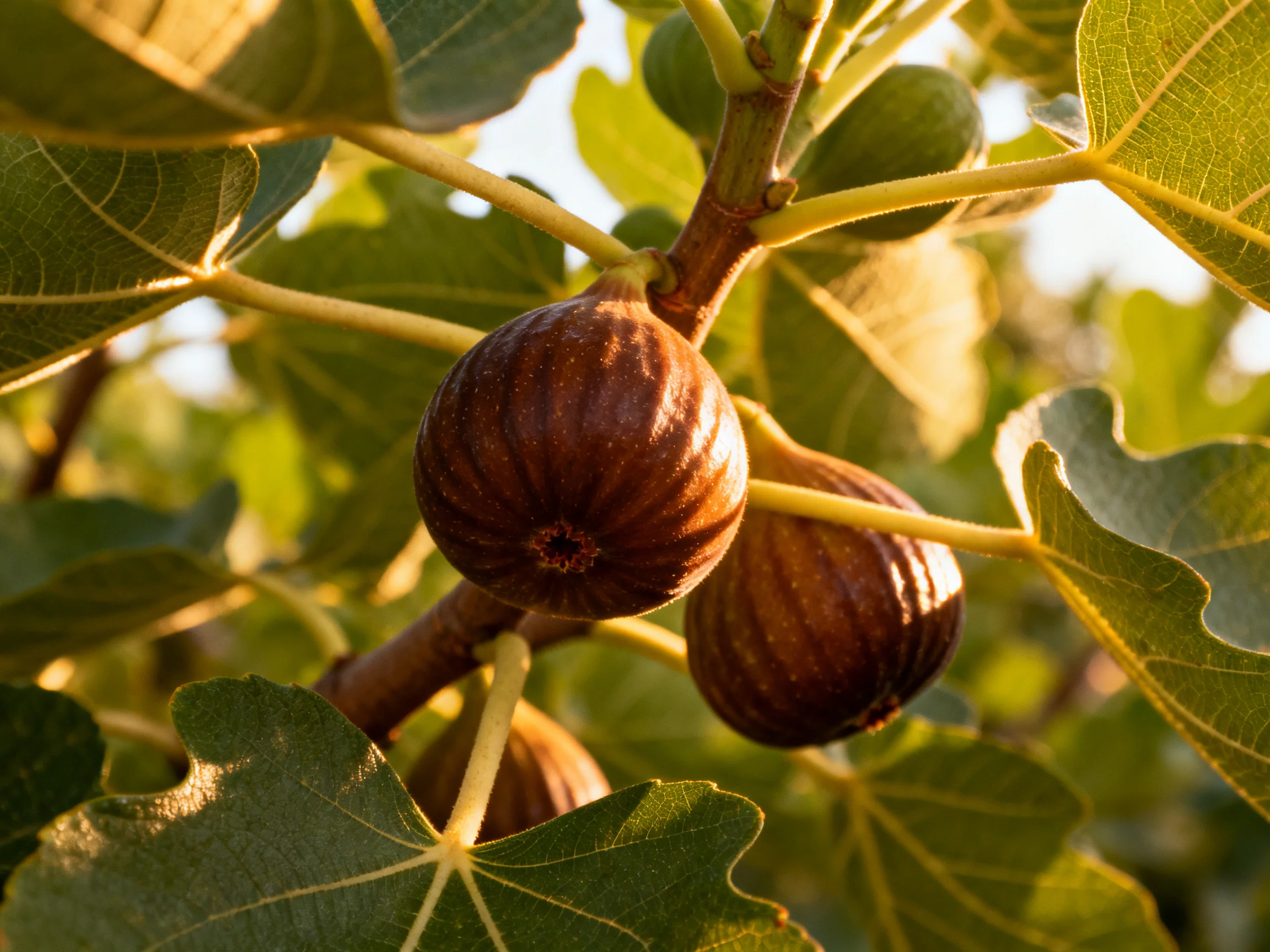 Ripe brown figs hang among vibrant green leaves on a sunlit branch
