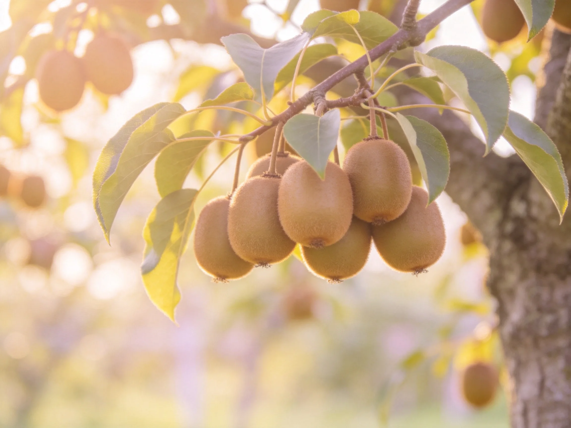 Ripe brown kiwis hang from a tree branch amid green foliage