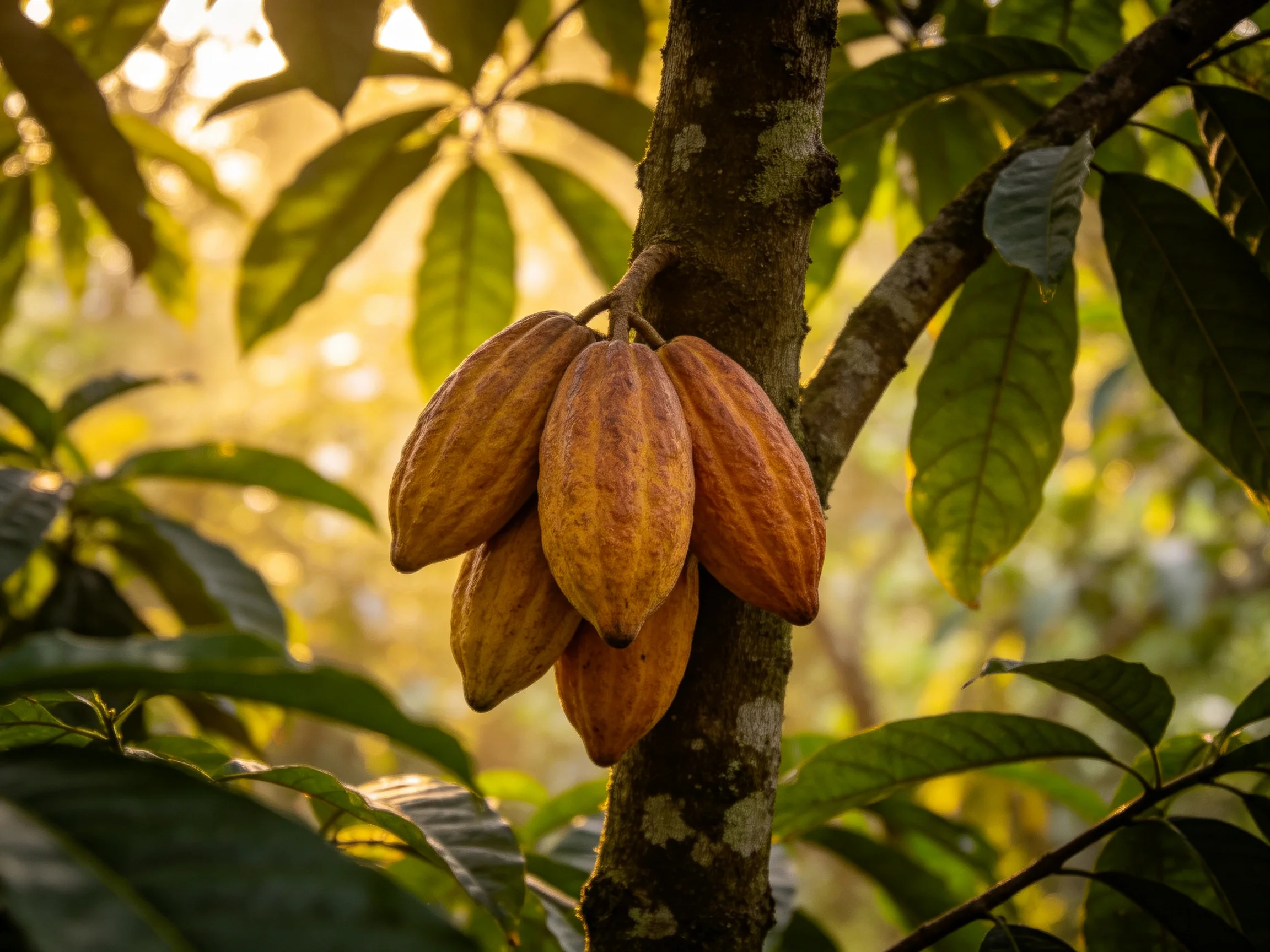 Ripe cacao pods hang from a tree trunk surrounded by lush green leaves