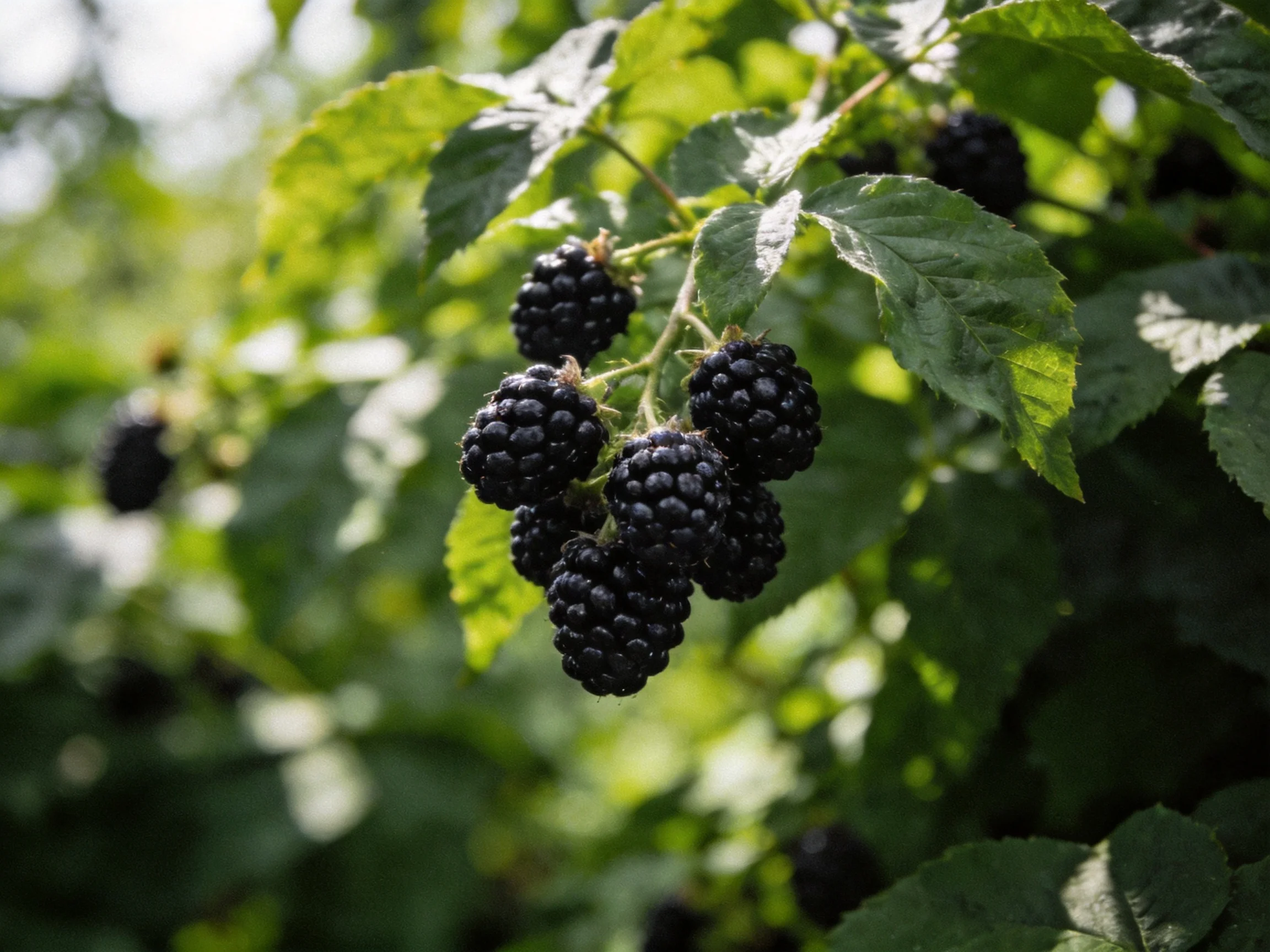 Ripe dark berries clustered amid green foliage in bright sunlight