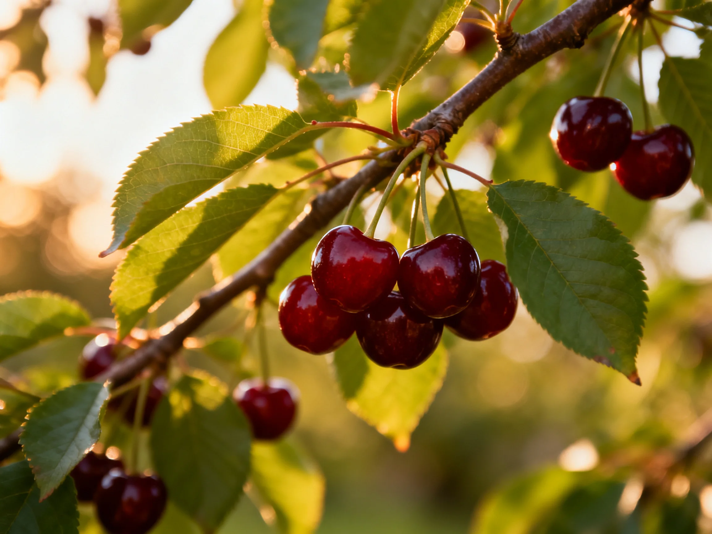 Ripe dark cherries cluster on a branch amid vibrant green leaves under golden sunlight