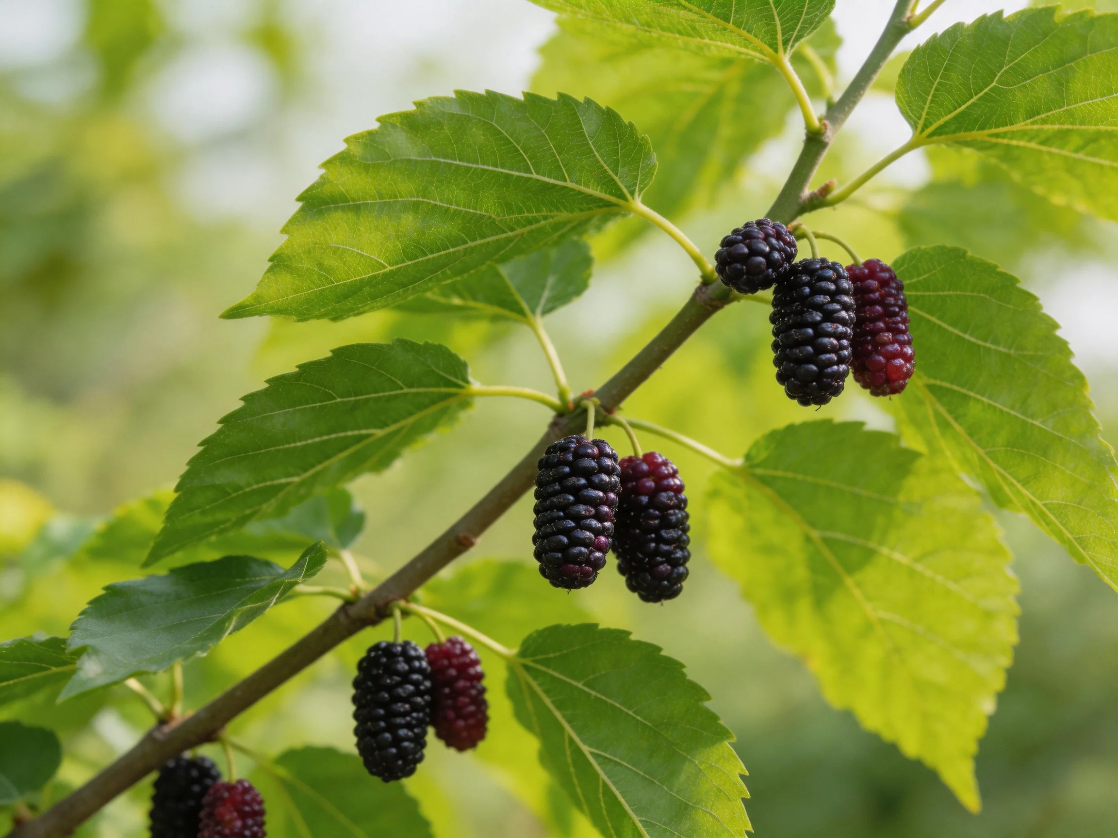 Ripe dark purple and red mulberries adorn a leafy tree branch