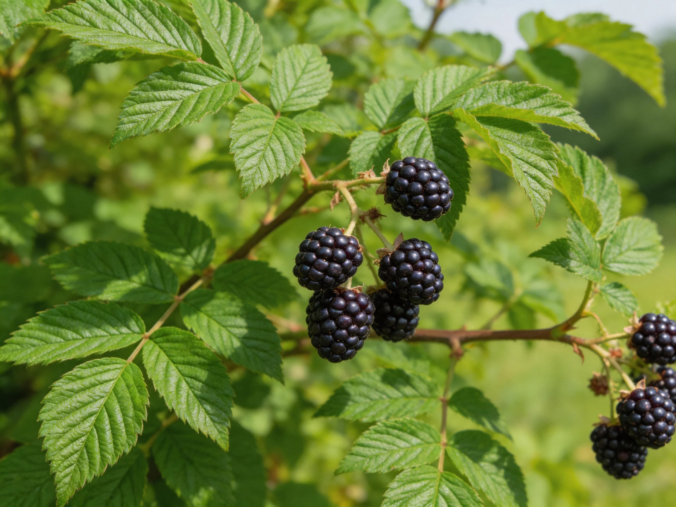 Ripe dark purple berries cluster amid vibrant green foliage