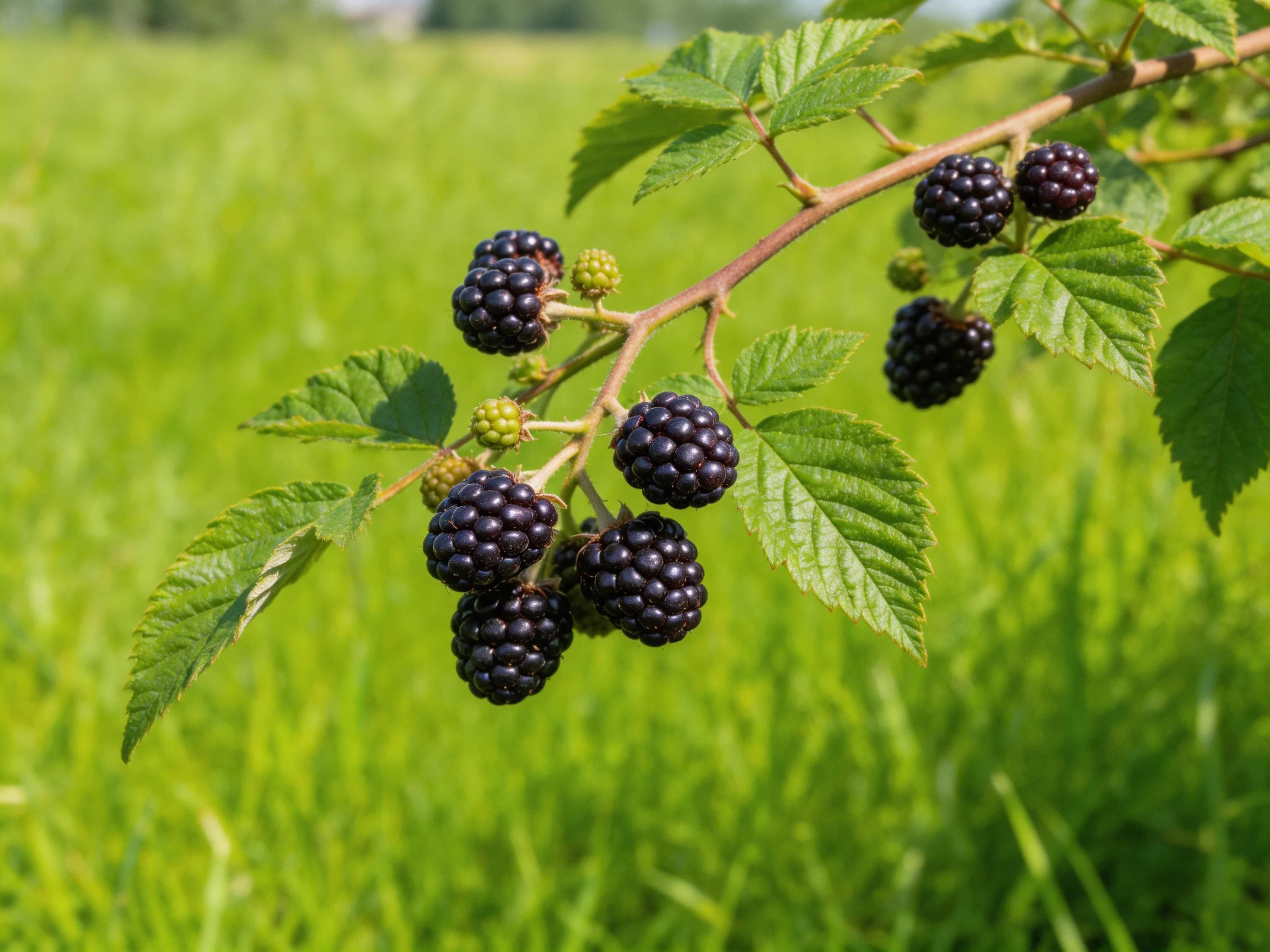 Ripe dark purple berries cluster on a branch amid vibrant green foliage