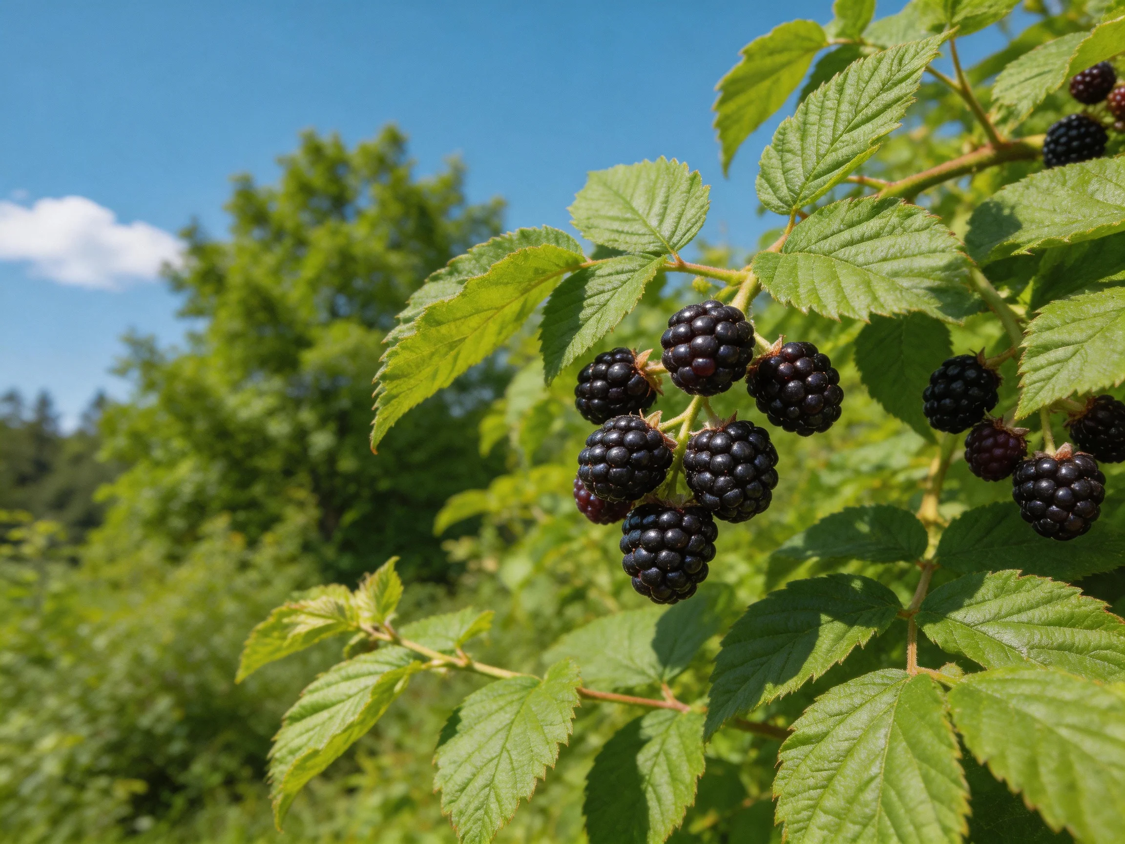 Ripe dark purple blackberries cluster amid vibrant green foliage under clear blue sky