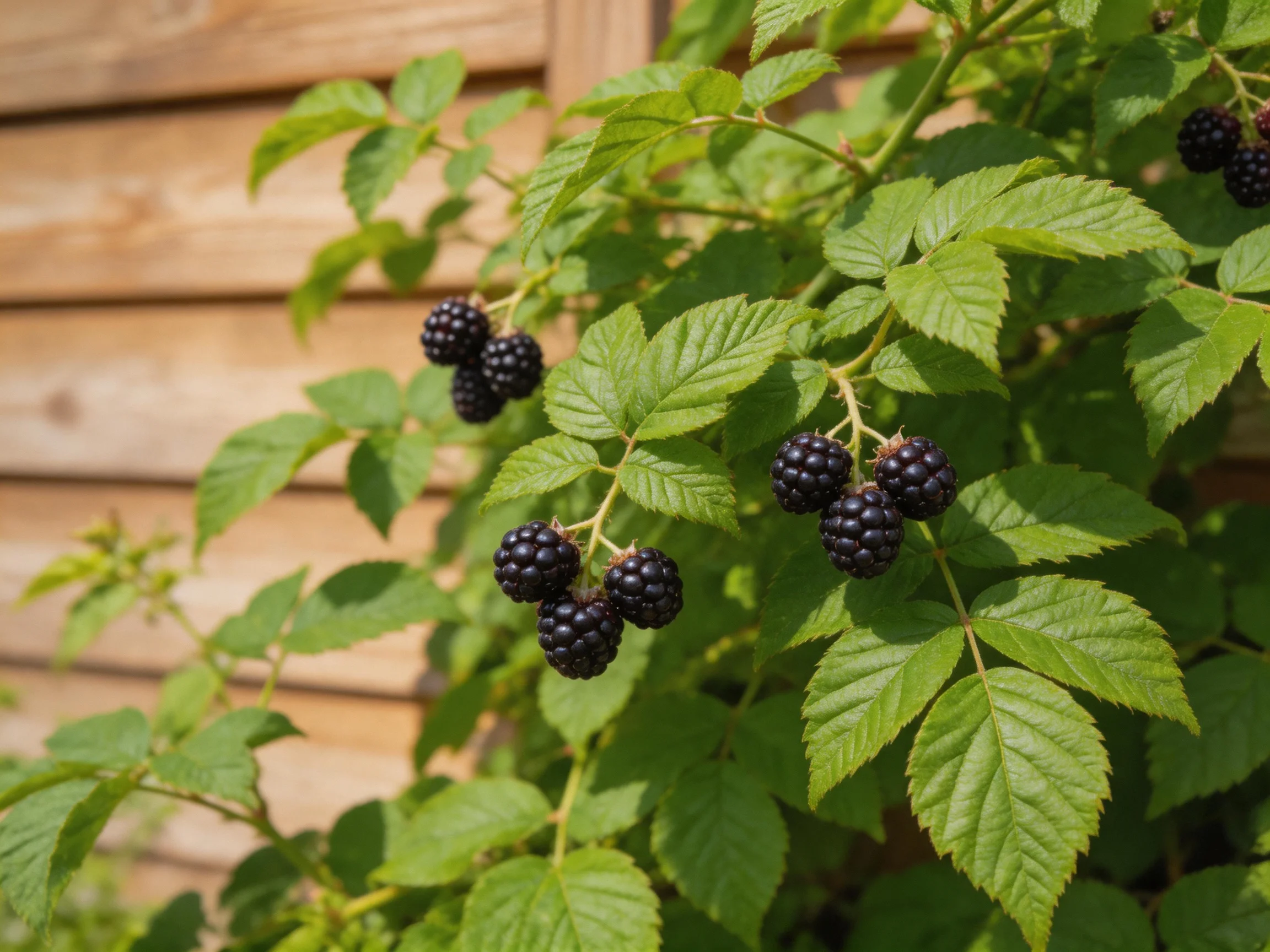 Ripe dark purple blackberries cluster amid vibrant green leaves near a wooden structure