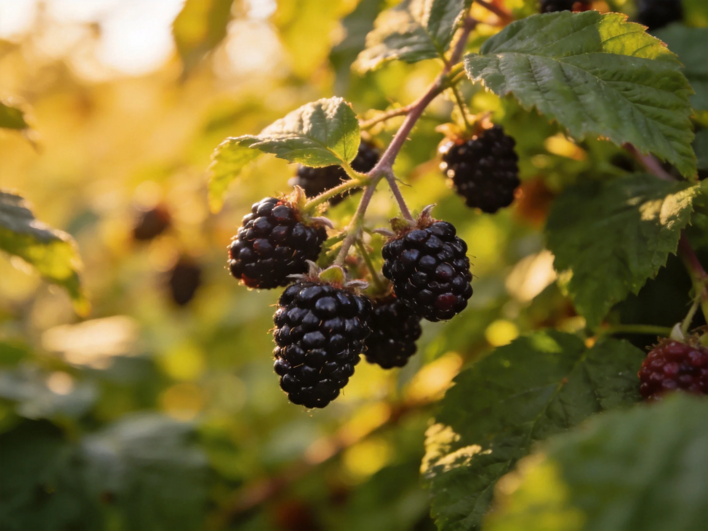 Ripe dark purple blackberries cluster among vibrant green leaves under warm sunlight
