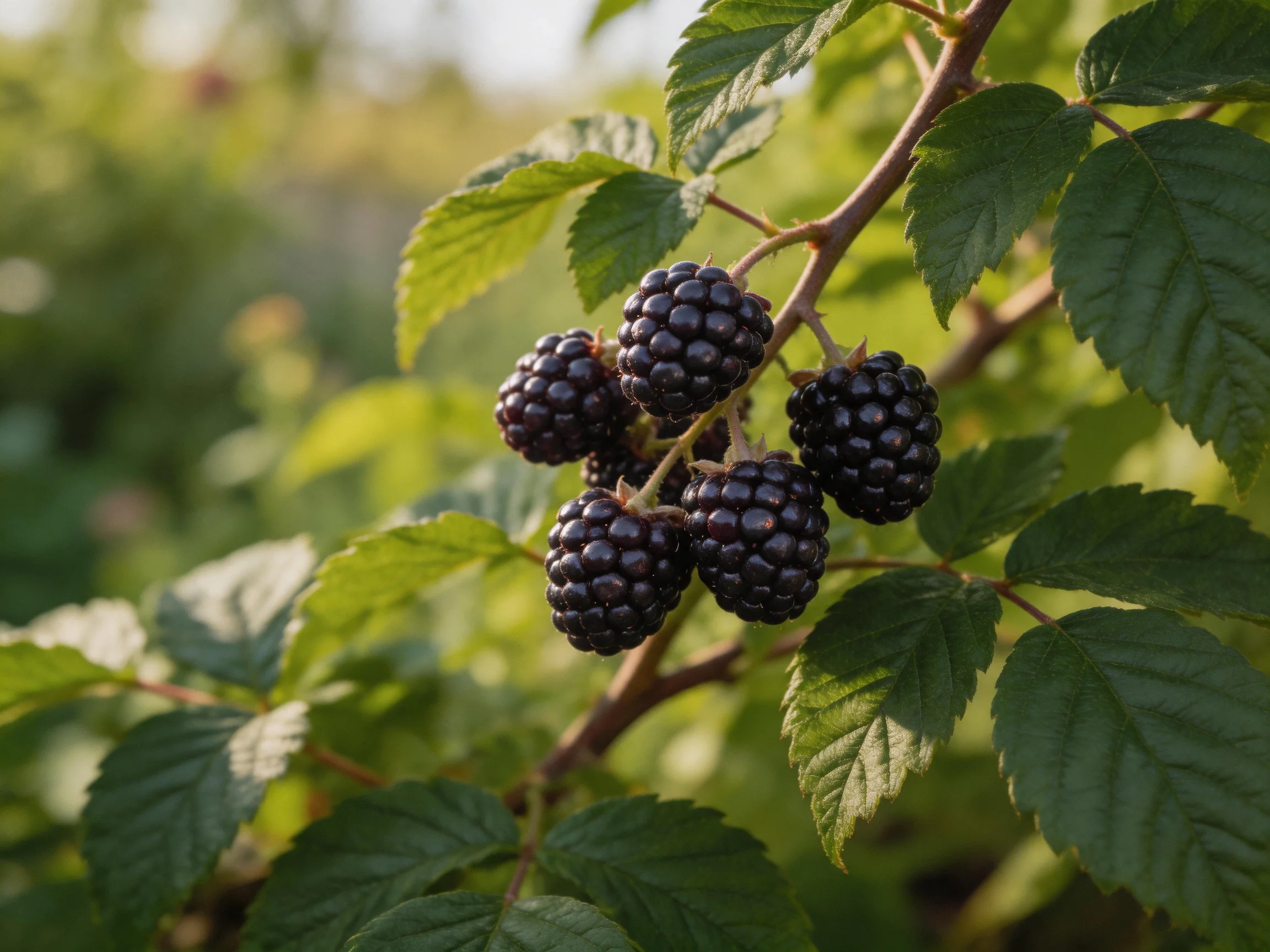 Ripe dark purple blackberries cluster on a branch with green foliage