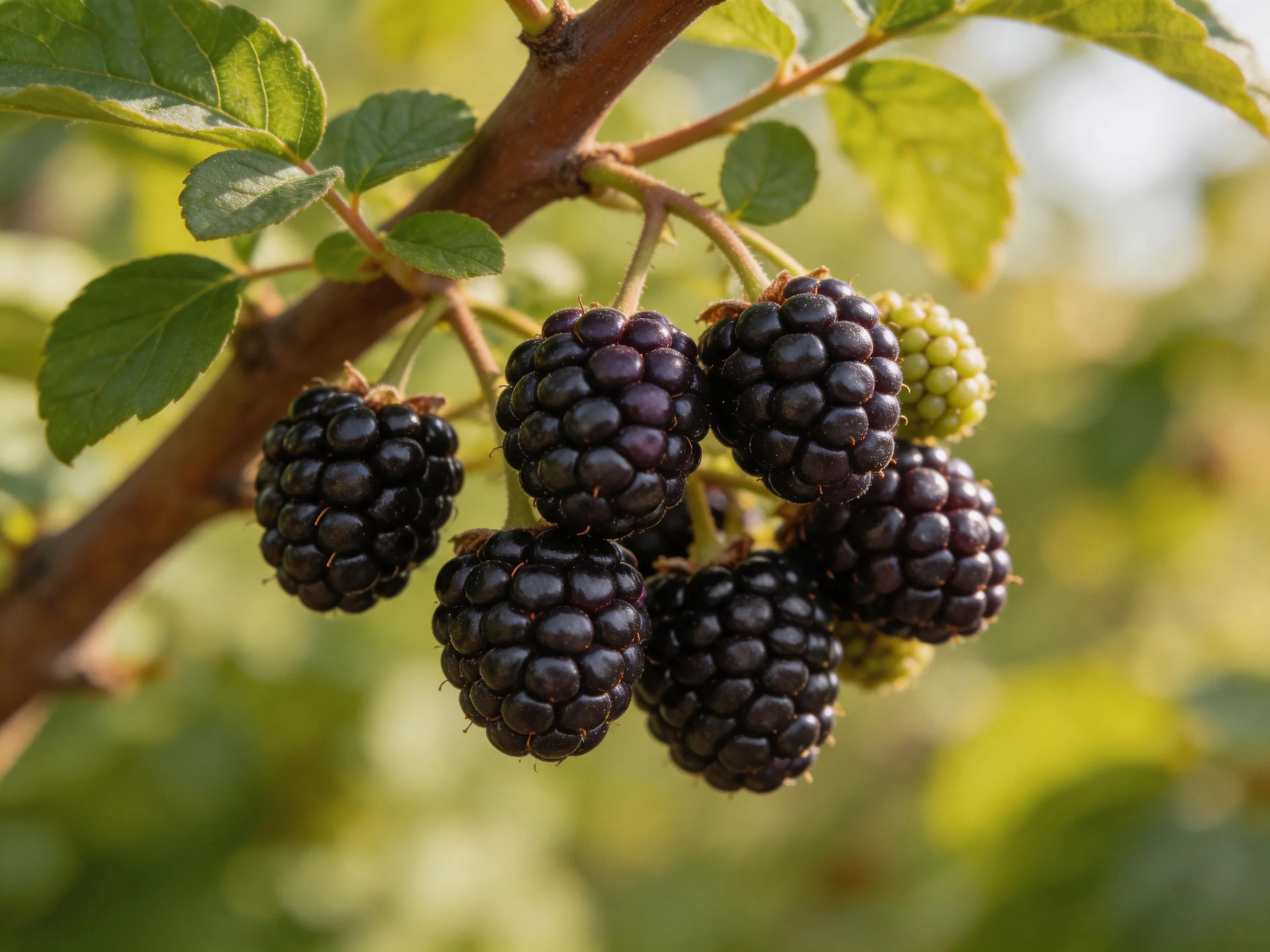 Ripe dark purple blackberries cluster on a branch with green foliage