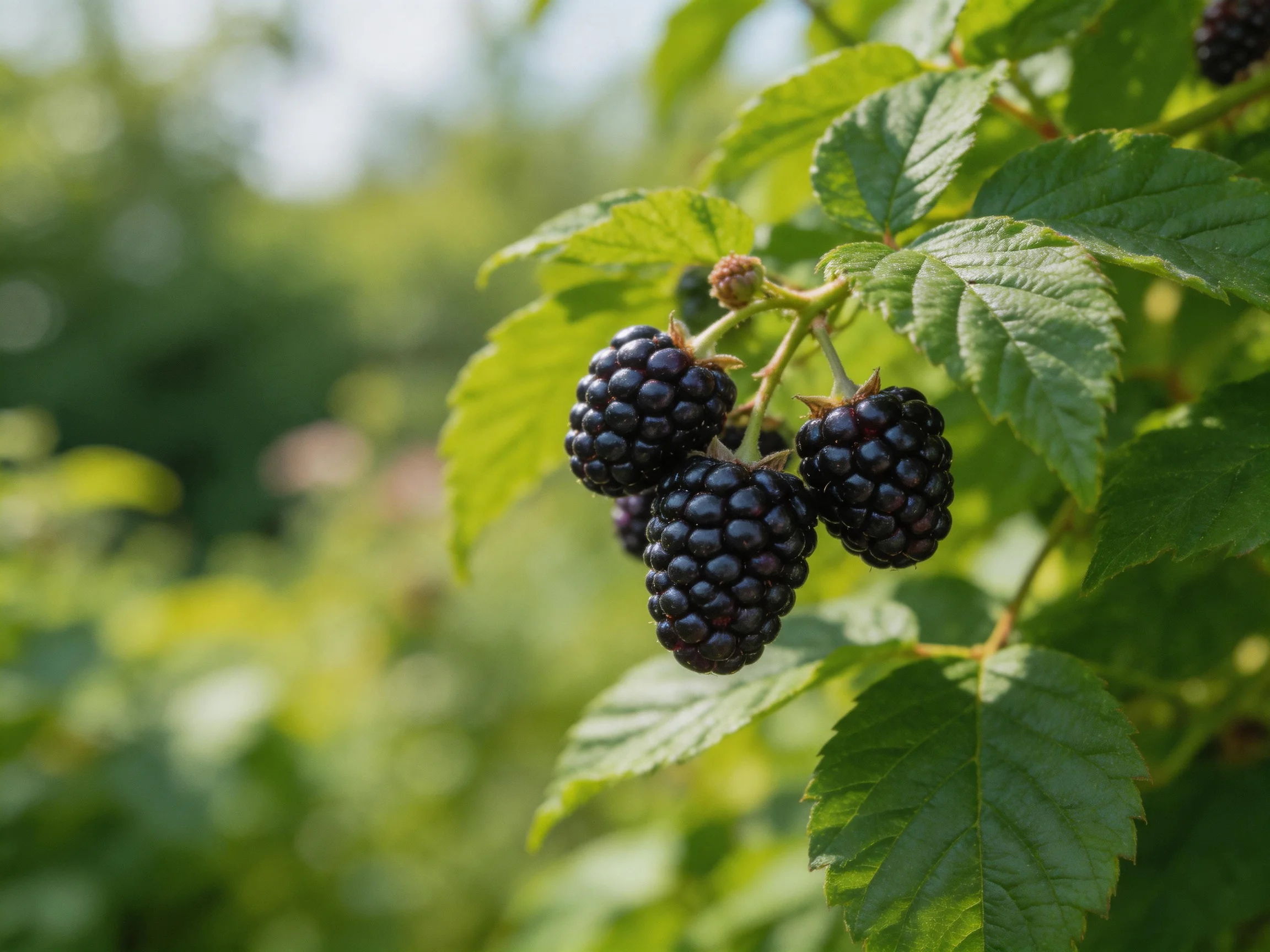 Ripe dark purple blackberries cluster on a leafy branch in bright daylight