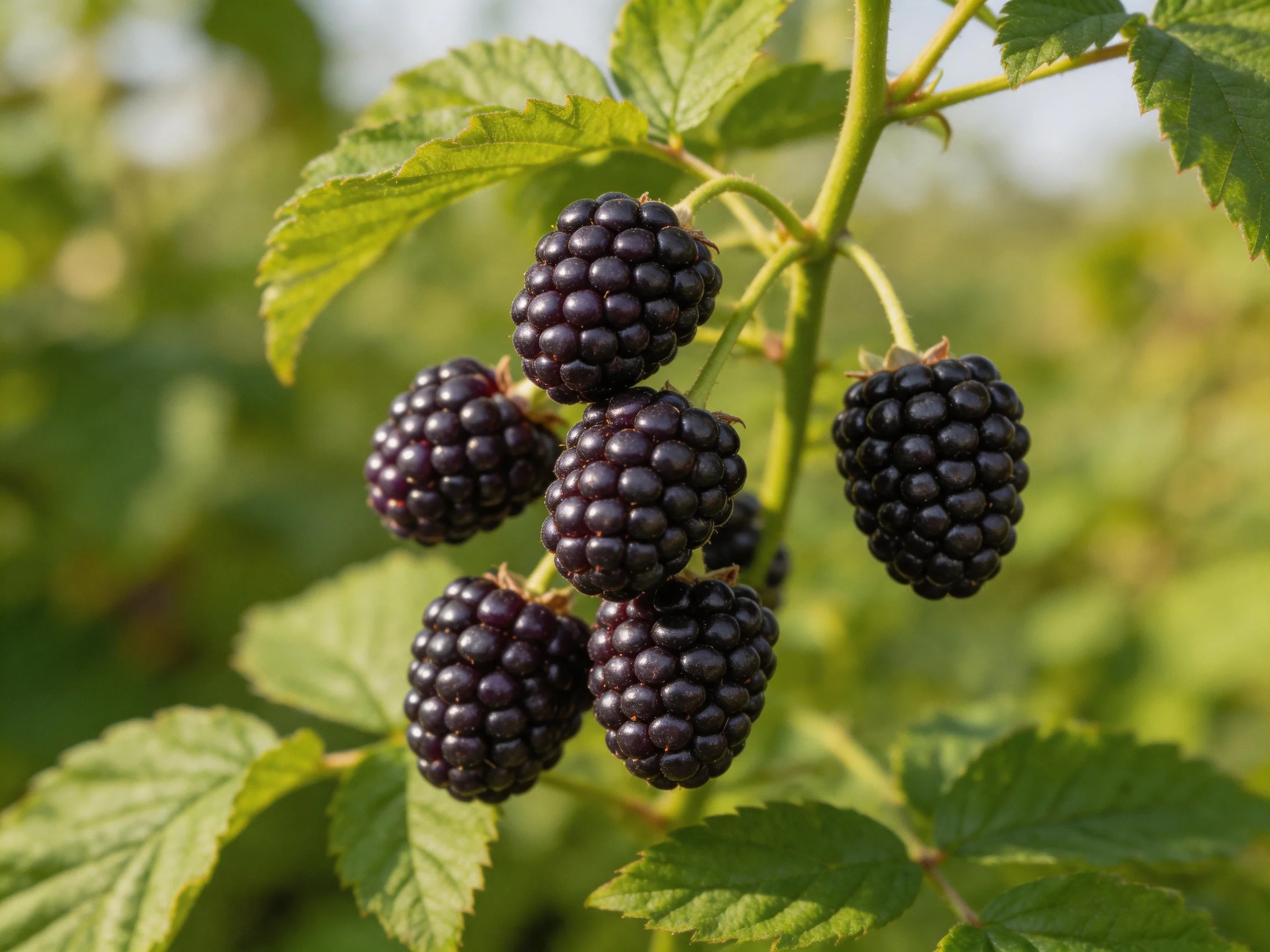 Ripe dark purple blackberries clustered among vibrant green leaves