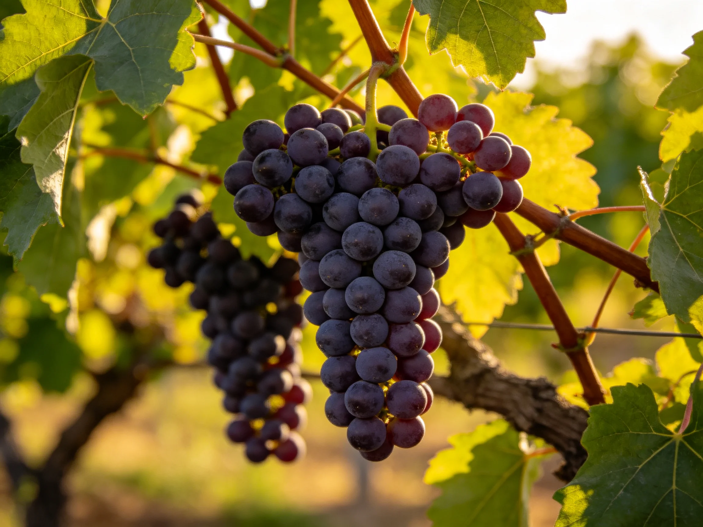 Ripe dark purple grape clusters hang from lush green vines