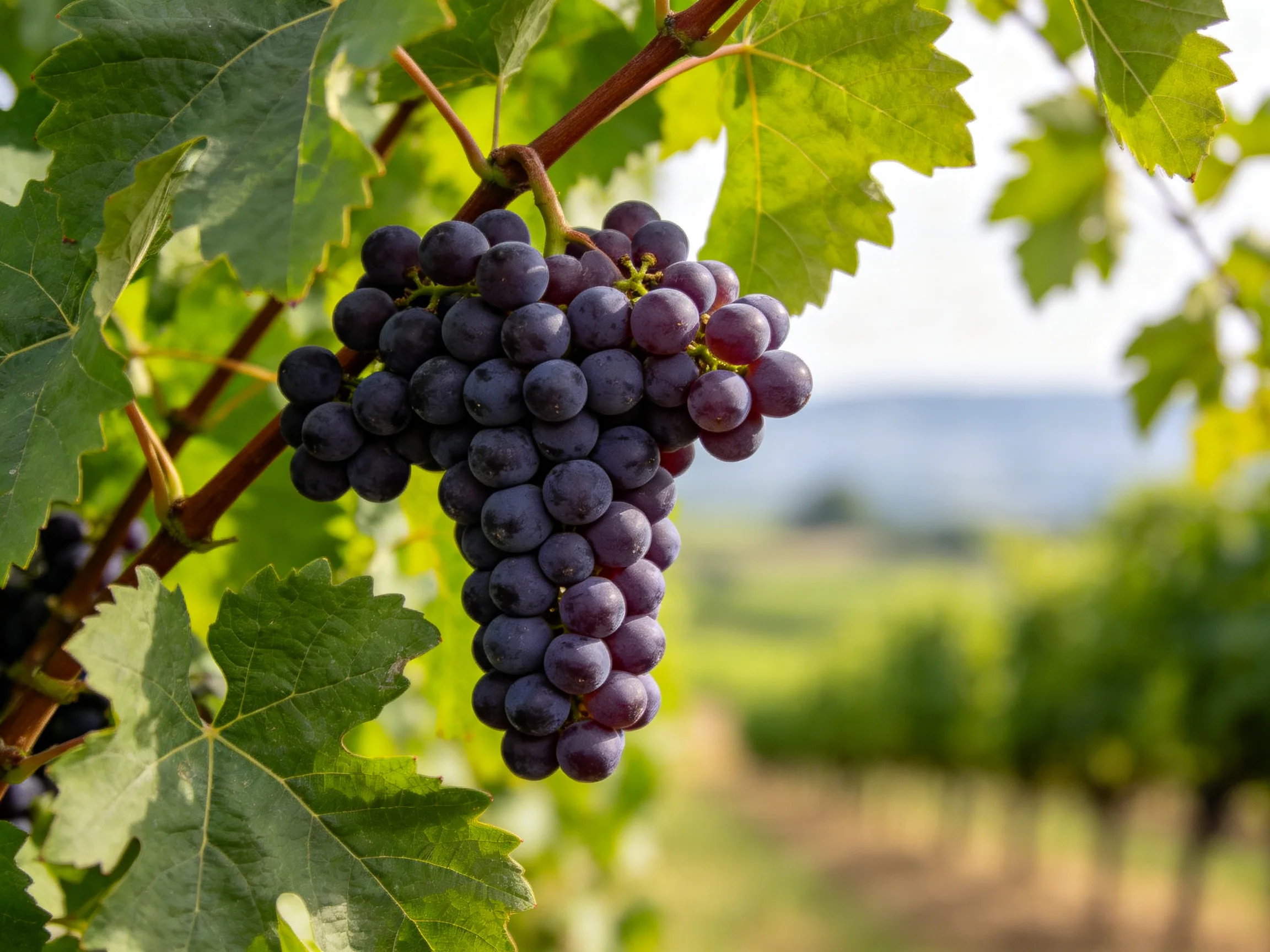 Ripe dark purple grapes hang from a vine amid lush green foliage