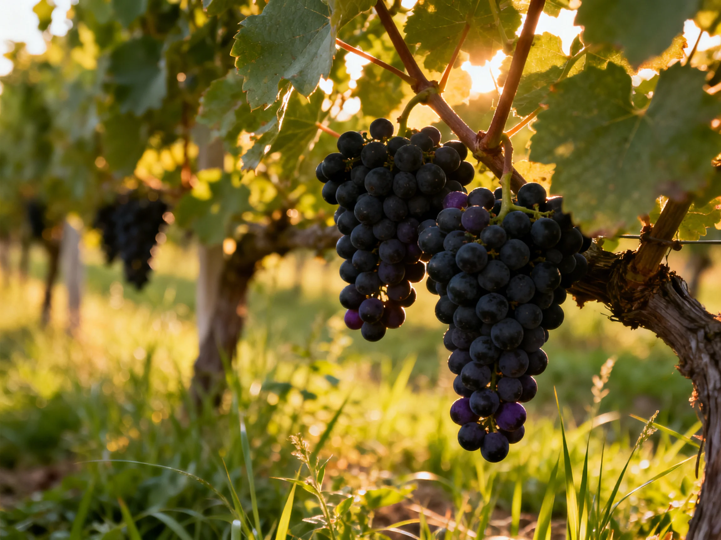 Ripe dark purple grapes hang from vines in a sunlit vineyard