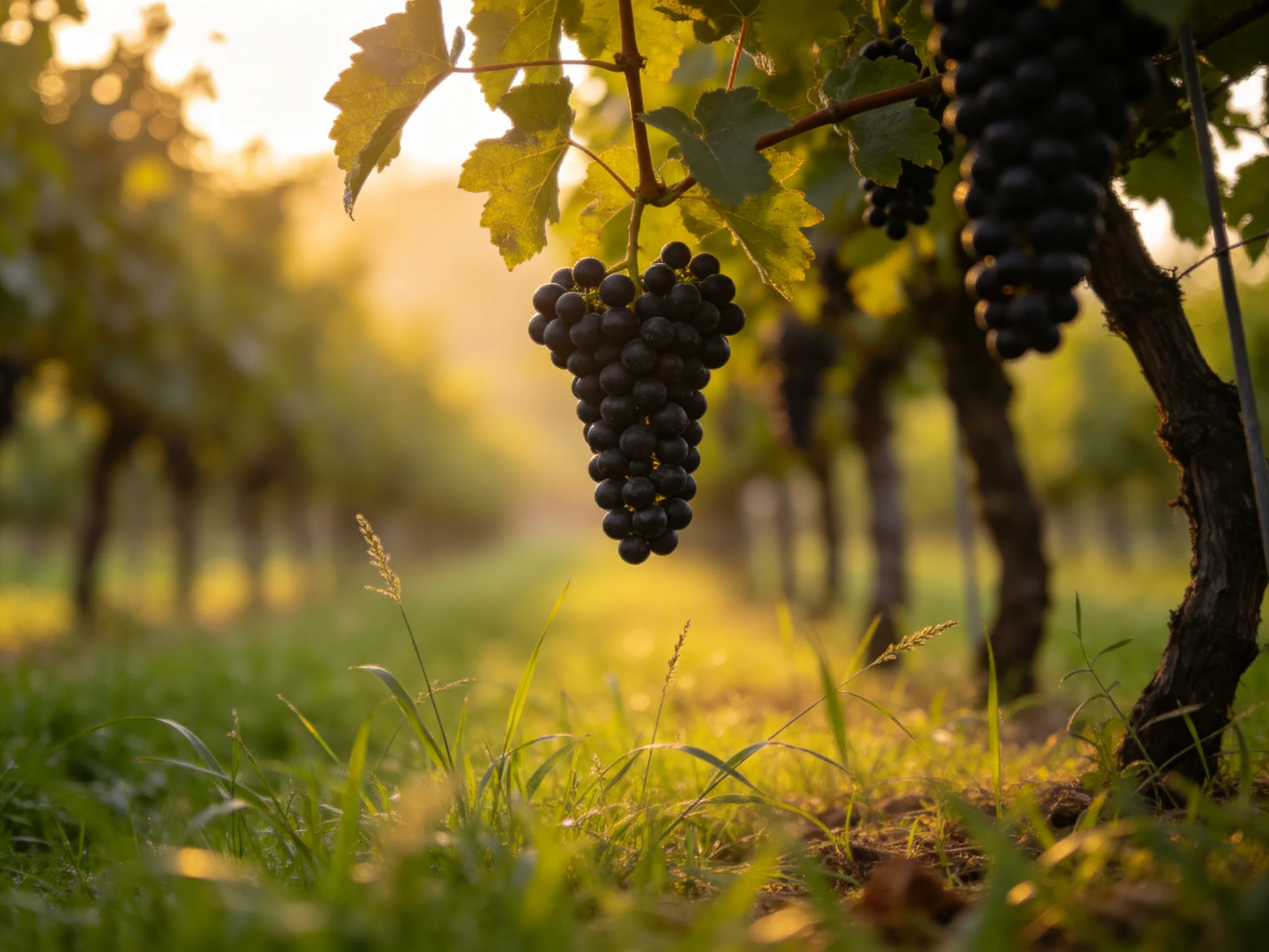 Ripe dark purple grapes hang from vines in a sunlit vineyard
