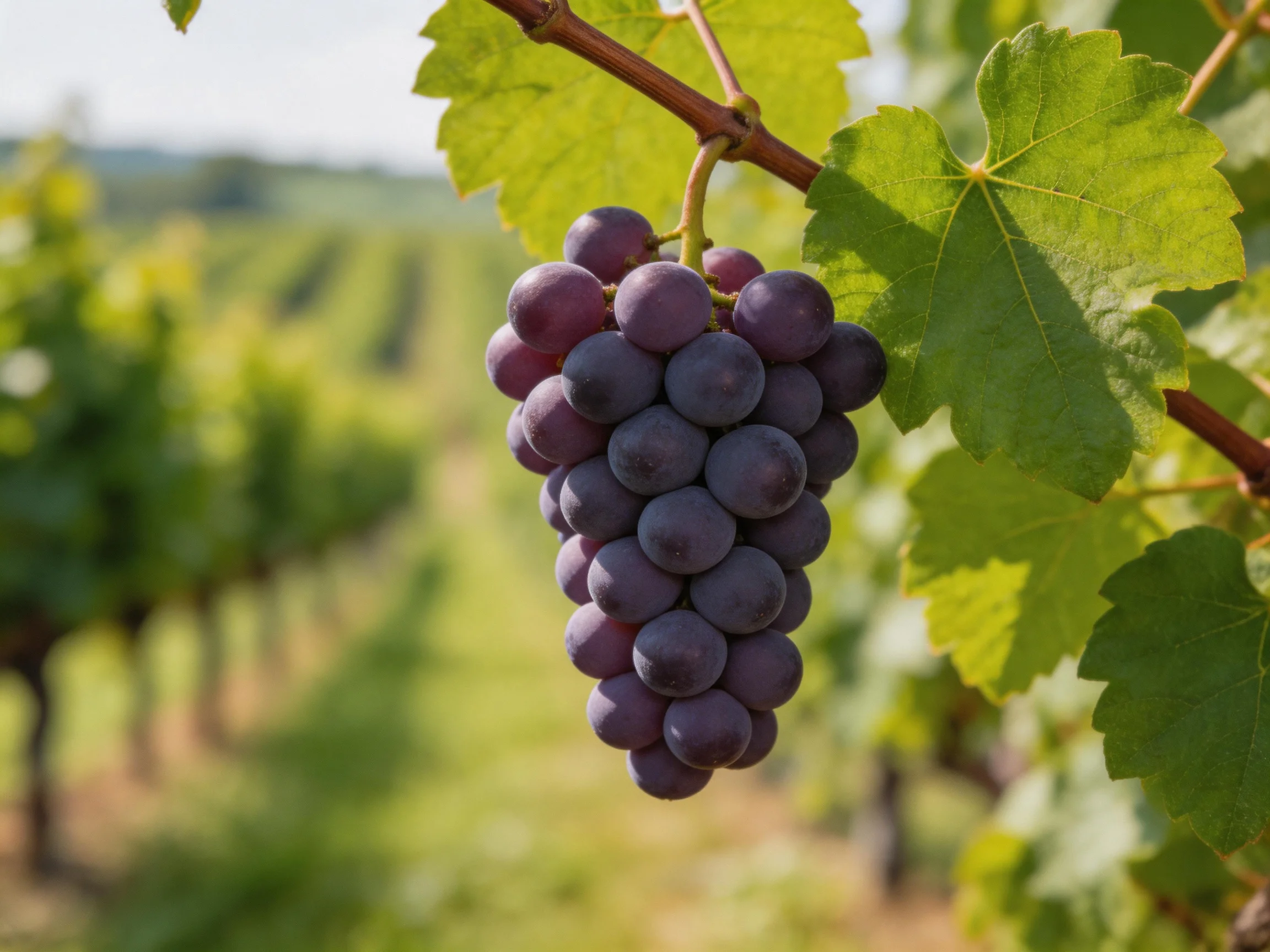 Ripe dark purple grapes hangfrom a vine in a sunlit vineyard