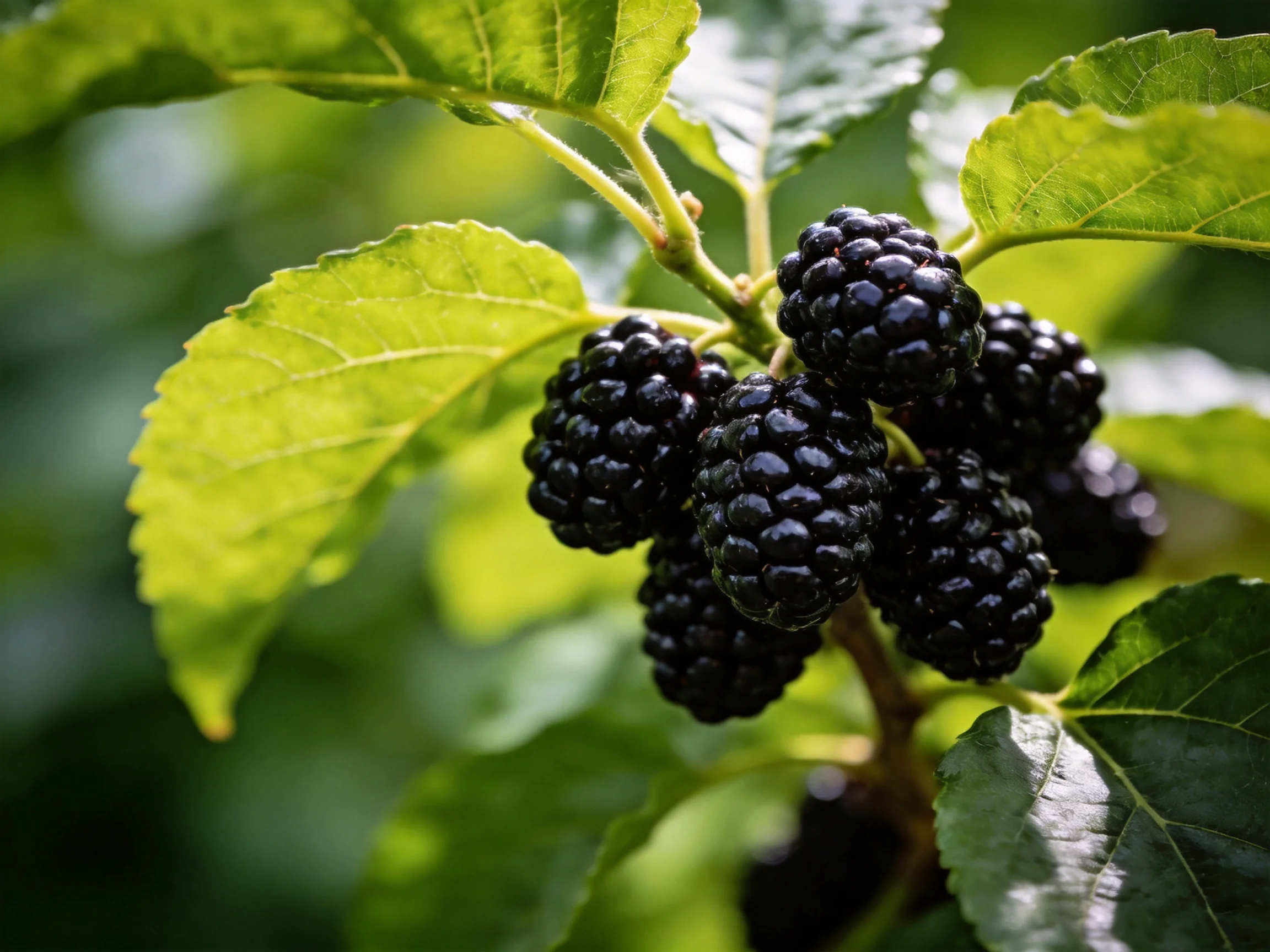 Ripe dark purple mulberries clustered among lush green foliage