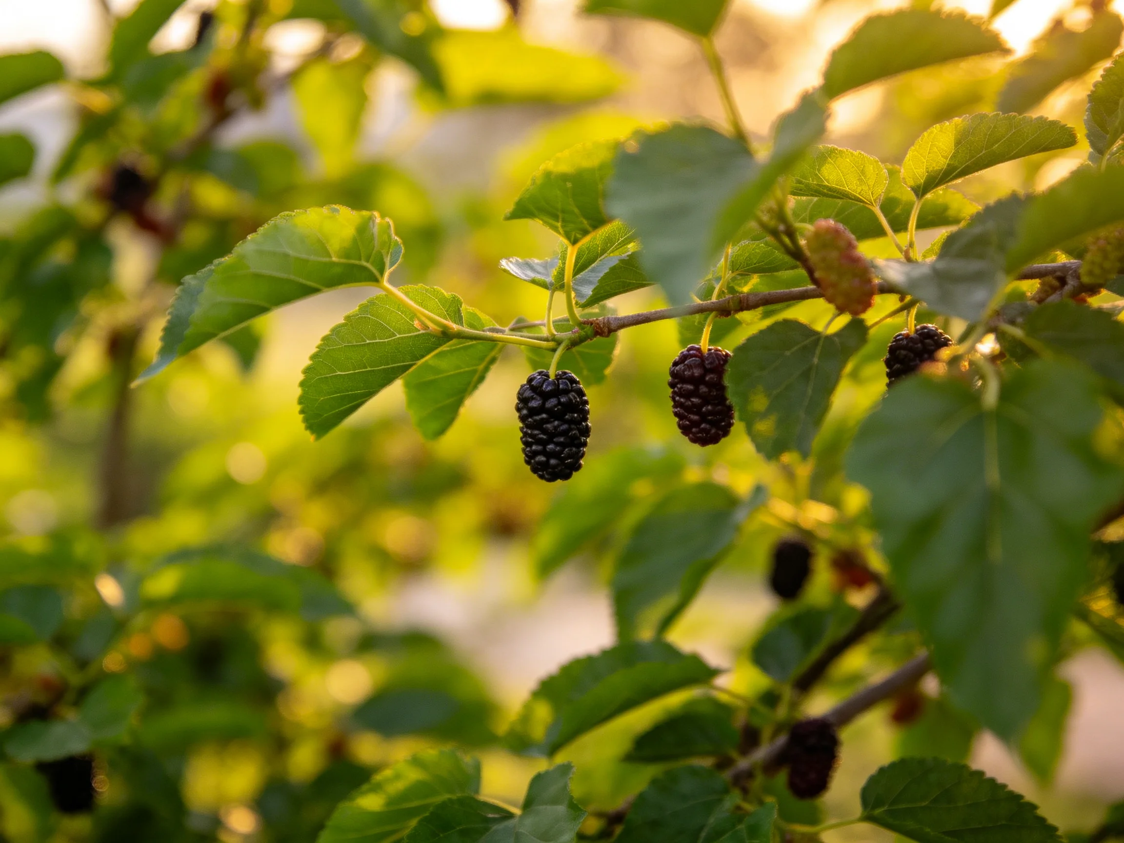 Ripe dark purple mulberries hang among vibrant green foliage under golden sunlight