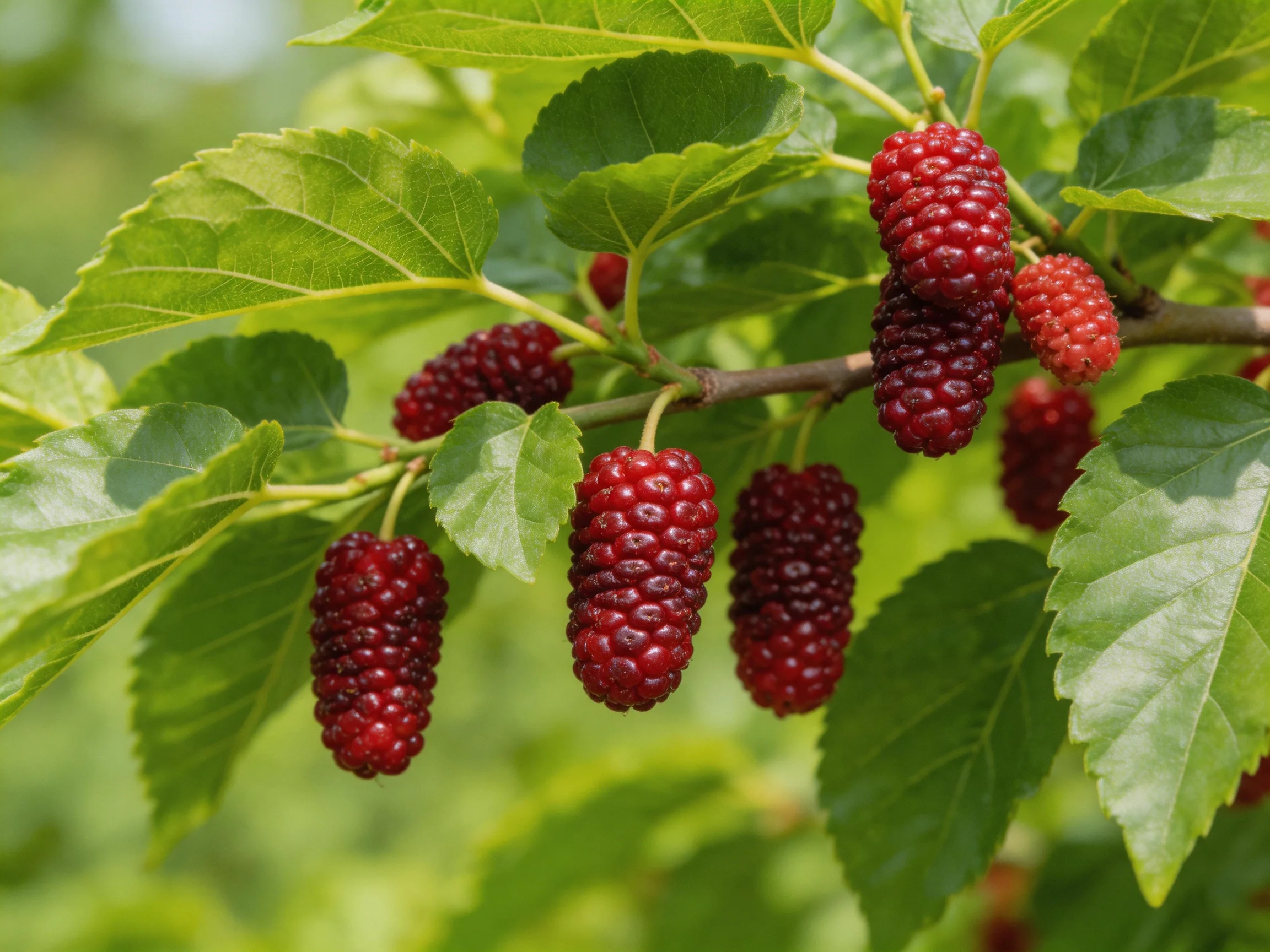 Ripe dark red and reddish-purple mulberries hang from lush green branches