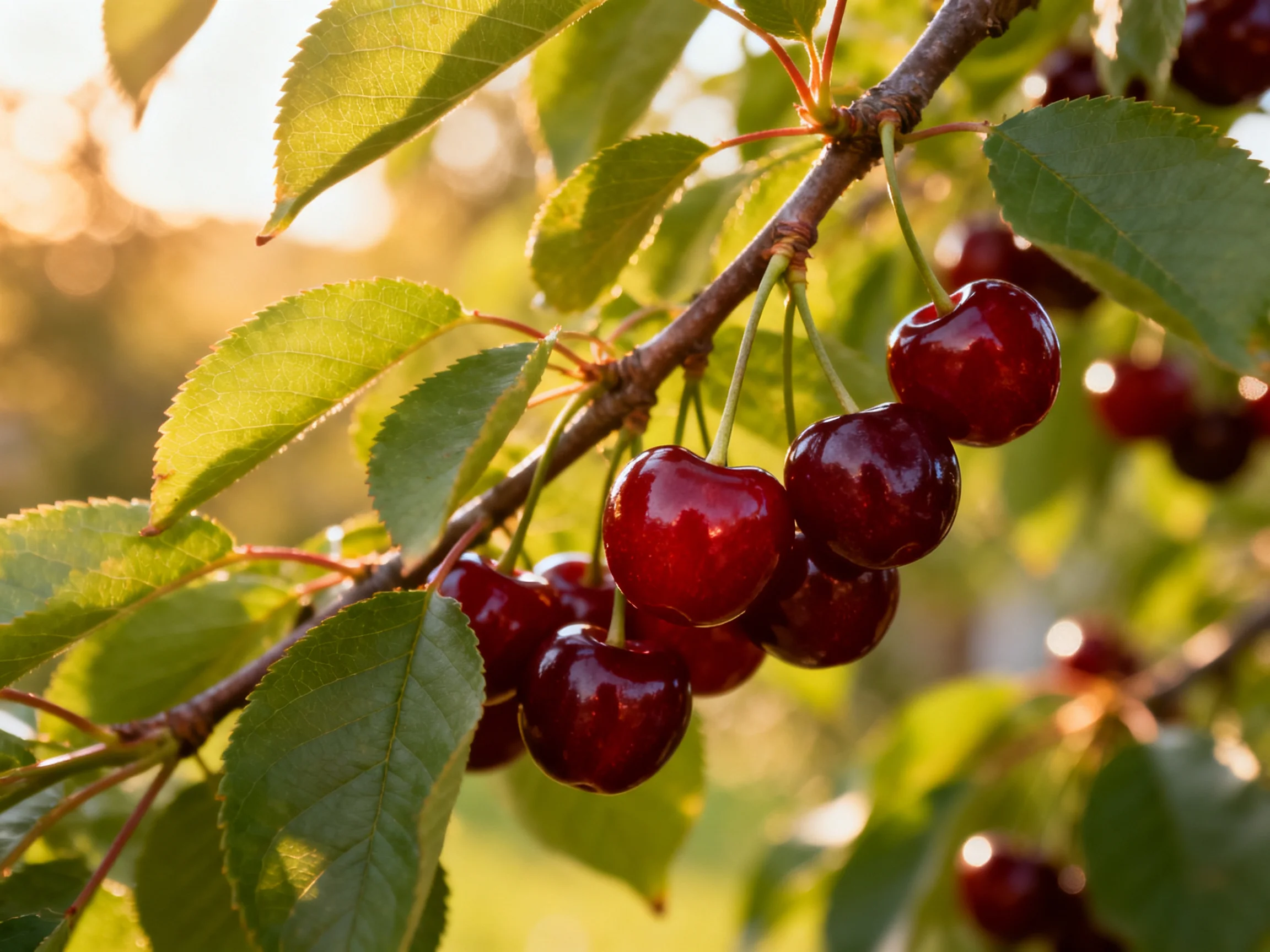 Ripe dark red cherries cluster on a branch with glossy green leaves