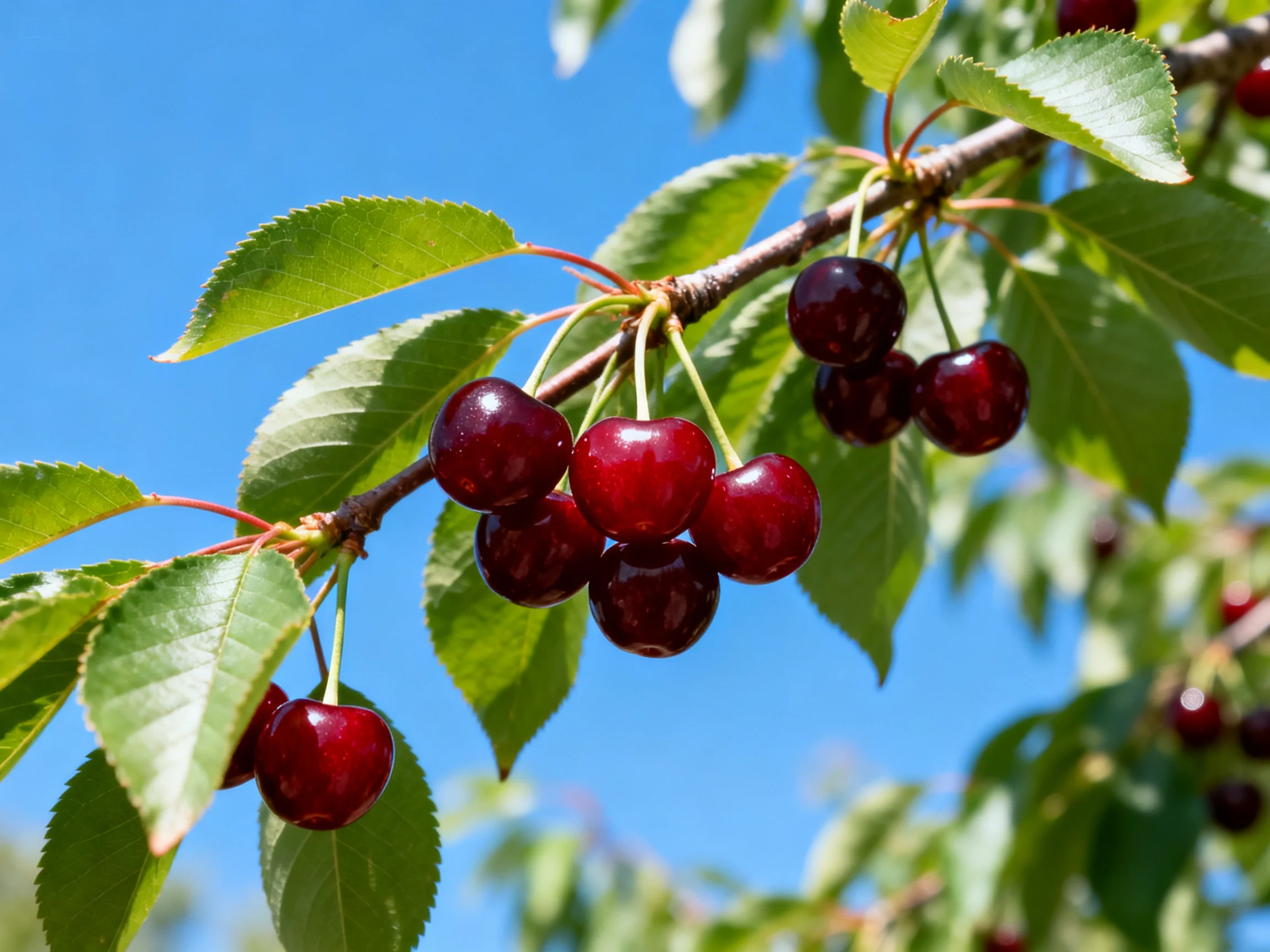 Ripe dark red cherries cluster on a branch with green leaves under bright blue sky